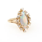 Opal Cocktail Ring - Vintage 14k Yellow Gold Marquise Cabochon Gem .24 CTW Diamond Accent Navette Halo - Circa 1980s Size 4 3/4 Fine Jewelry