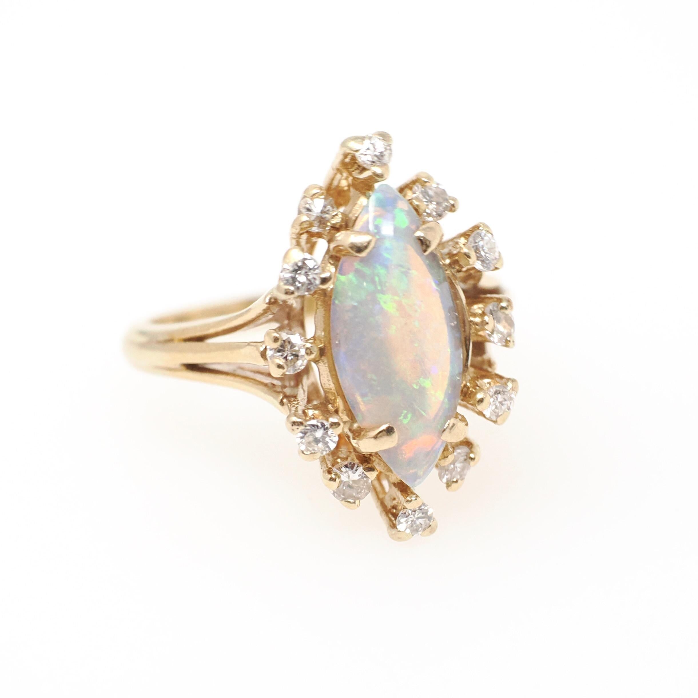 Opal Cocktail Ring - Vintage 14k Yellow Gold Marquise Cabochon Gem .24 CTW Diamond Accent Navette Halo - Circa 1980s Size 4 3/4 Fine Jewelry