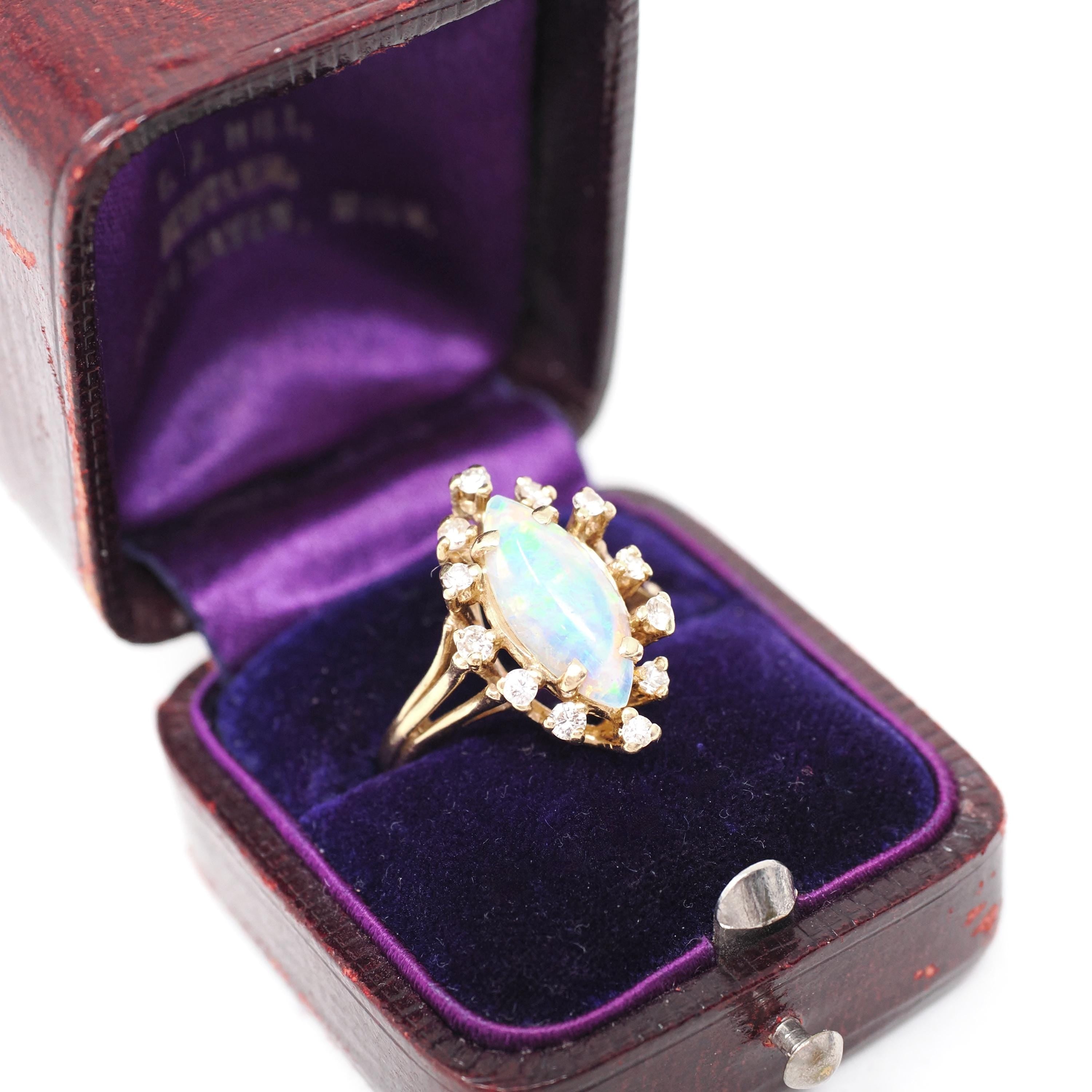 Opal Cocktail Ring - Vintage 14k Yellow Gold Marquise Cabochon Gem .24 CTW Diamond Accent Navette Halo - Circa 1980s Size 4 3/4 Fine Jewelry