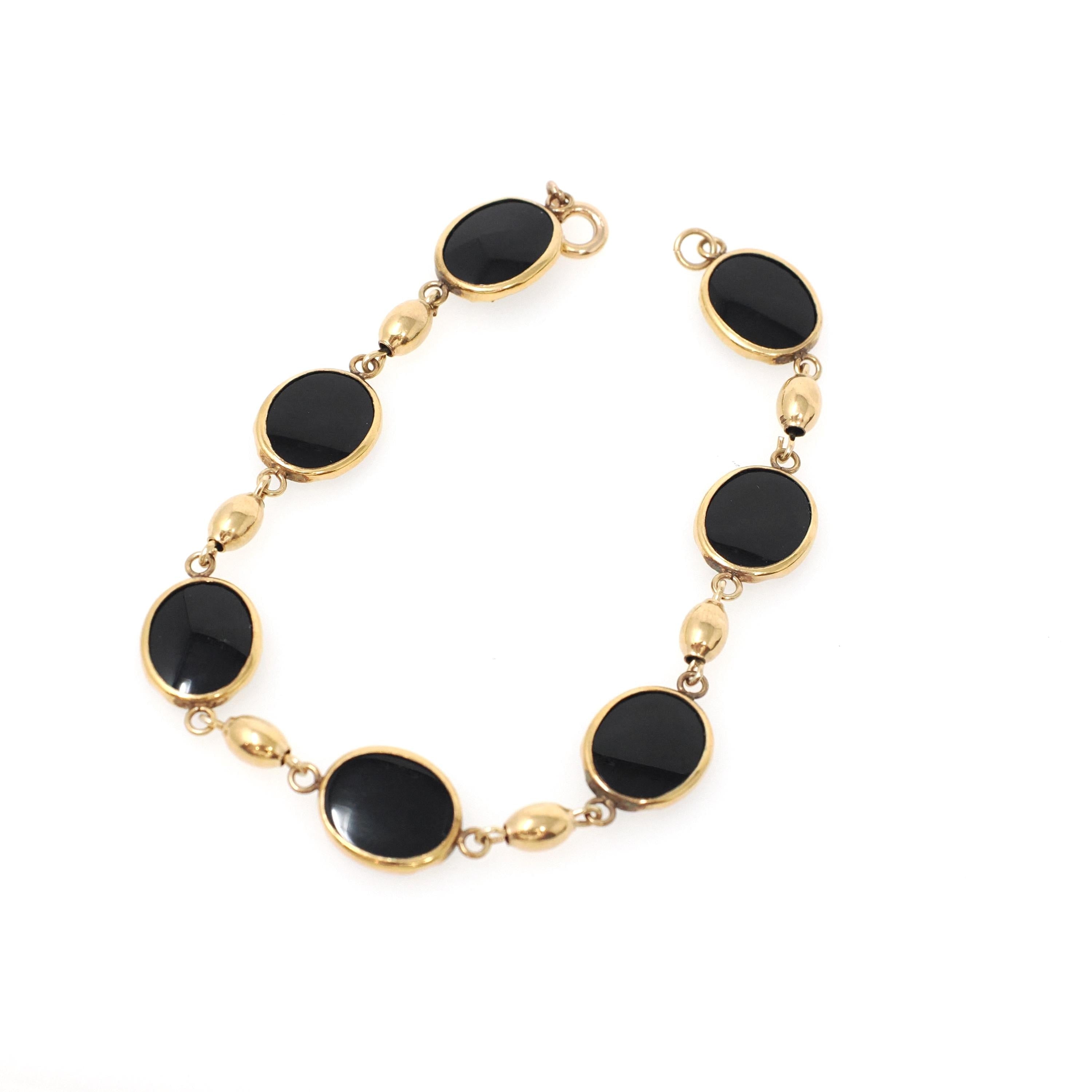 Vintage Onyx Bracelet - Mid Century 12k Gold Filled Natural Oval Black Chalcedony Gemstones - Circa 1960s Era 7 1/2 Inches Statement Jewelry