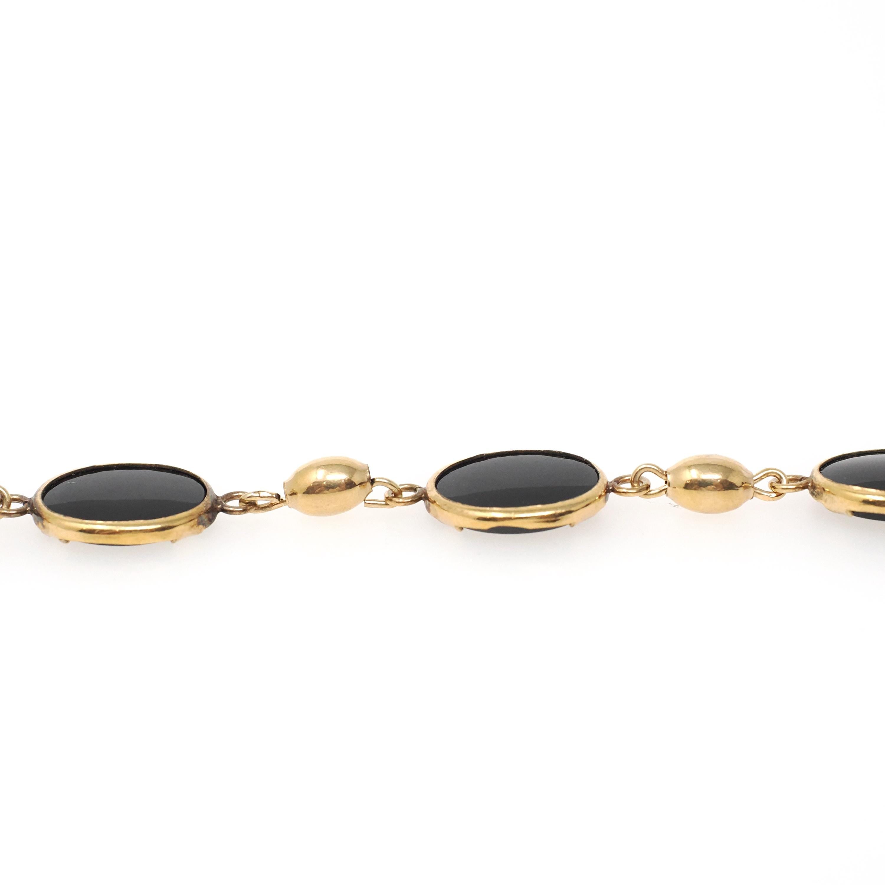 Vintage Onyx Bracelet - Mid Century 12k Gold Filled Natural Oval Black Chalcedony Gemstones - Circa 1960s Era 7 1/2 Inches Statement Jewelry