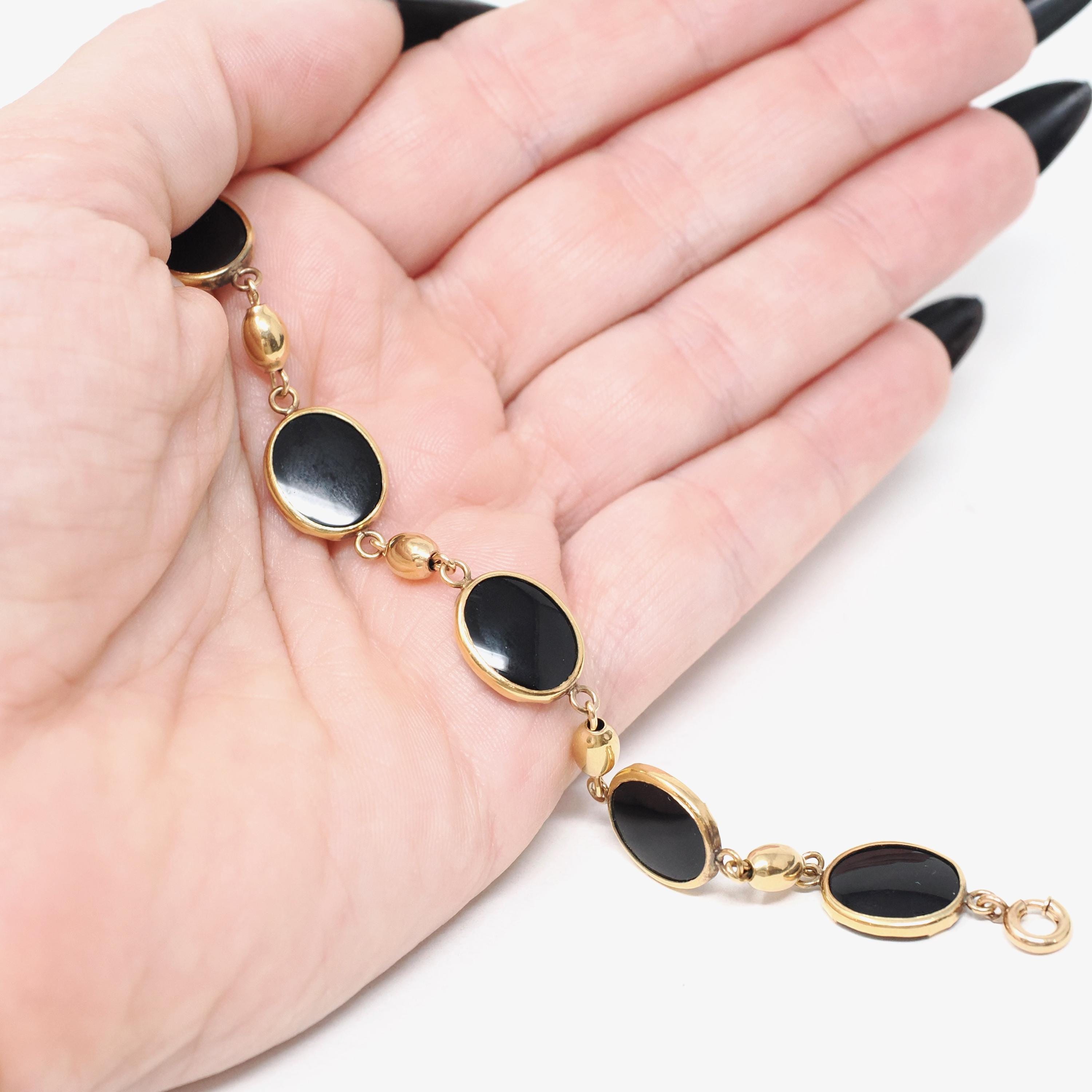 Vintage Onyx Bracelet - Mid Century 12k Gold Filled Natural Oval Black Chalcedony Gemstones - Circa 1960s Era 7 1/2 Inches Statement Jewelry