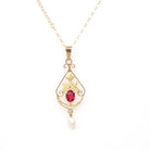 Antique Lavalier Necklace - Edwardian 10k Yellow Gold Red Glass Baroque Pearl Pendant - Vintage Circa 1910s Era Dainty Fine A&Z Jewelry