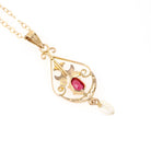 Antique Lavalier Necklace - Edwardian 10k Yellow Gold Red Glass Baroque Pearl Pendant - Vintage Circa 1910s Era Dainty Fine A&Z Jewelry