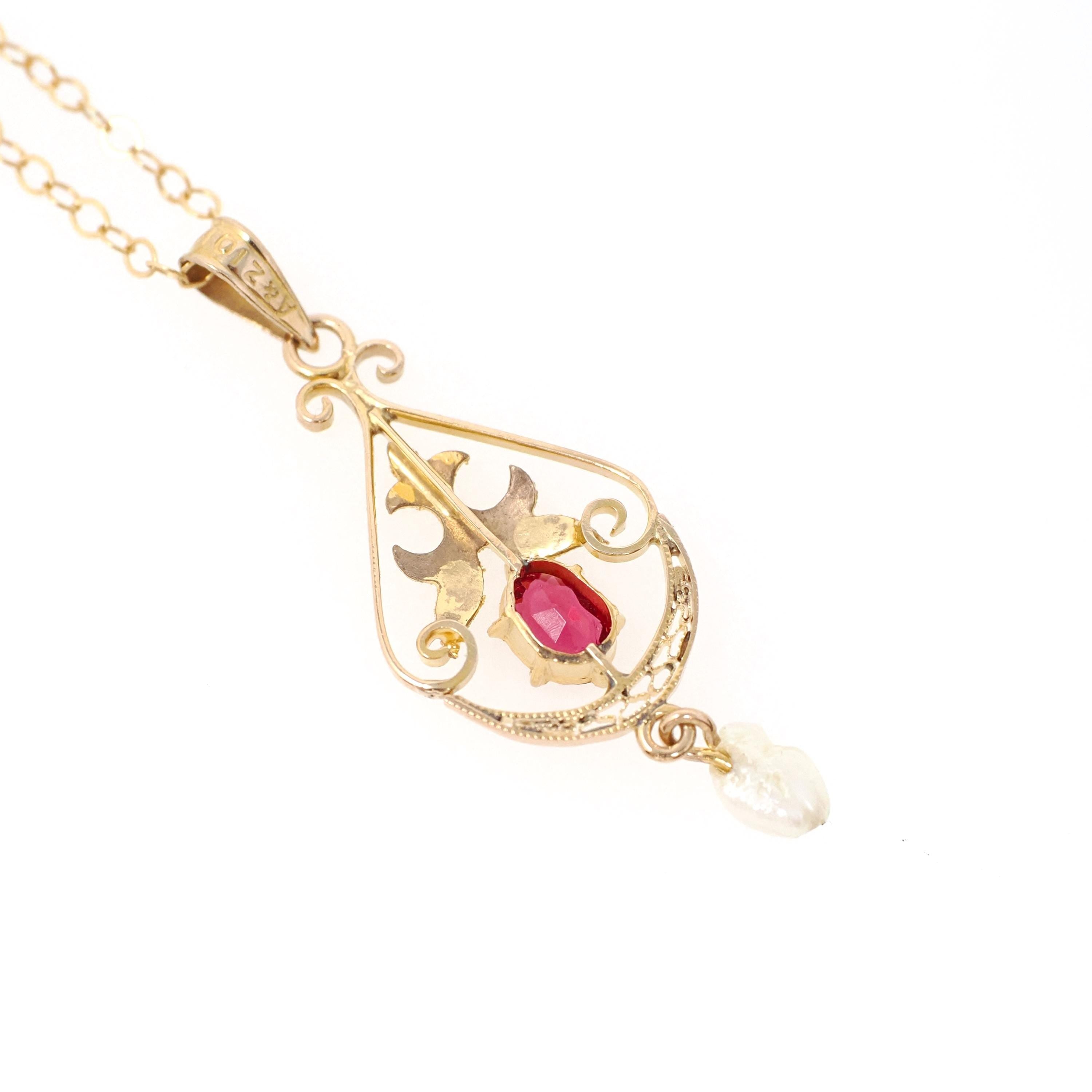 Antique Lavalier Necklace - Edwardian 10k Yellow Gold Red Glass Baroque Pearl Pendant - Vintage Circa 1910s Era Dainty Fine A&Z Jewelry