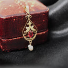 Antique Lavalier Necklace - Edwardian 10k Yellow Gold Red Glass Baroque Pearl Pendant - Vintage Circa 1910s Era Dainty Fine A&Z Jewelry