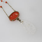 Antique Art Deco Necklace - Carved Rock Crystal Quartz 14k Yellow Gold Orange Coral Gemstone Statement - Circa 1920s Era Fine Beaded Jewelry