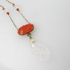 Antique Art Deco Necklace - Carved Rock Crystal Quartz 14k Yellow Gold Orange Coral Gemstone Statement - Circa 1920s Era Fine Beaded Jewelry