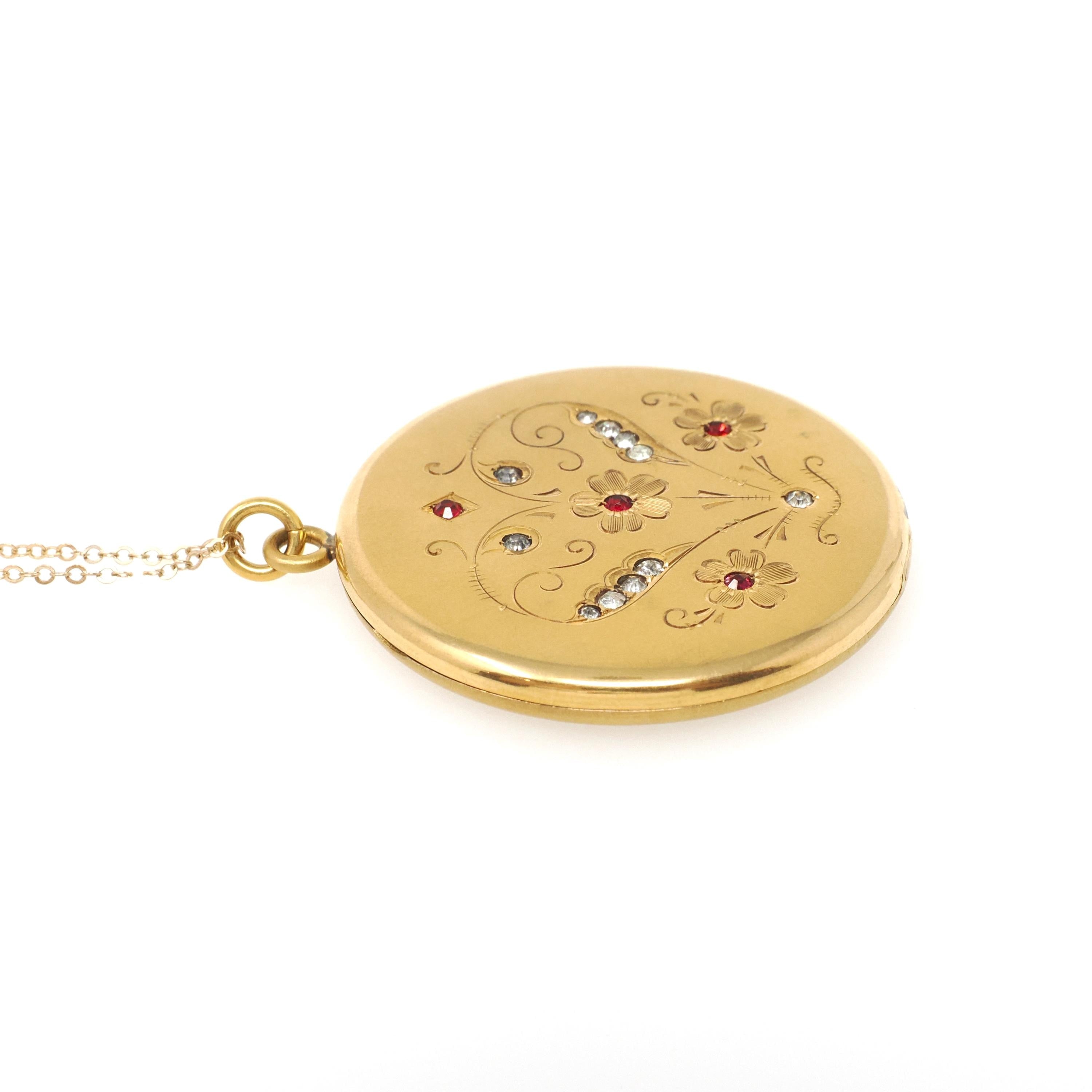 Antique Flower Locket - Edwardian Era Gold Filled Rhinestone Pendant Necklace - Circa 1910s Round Photograph Statement Floral Fine Jewelry