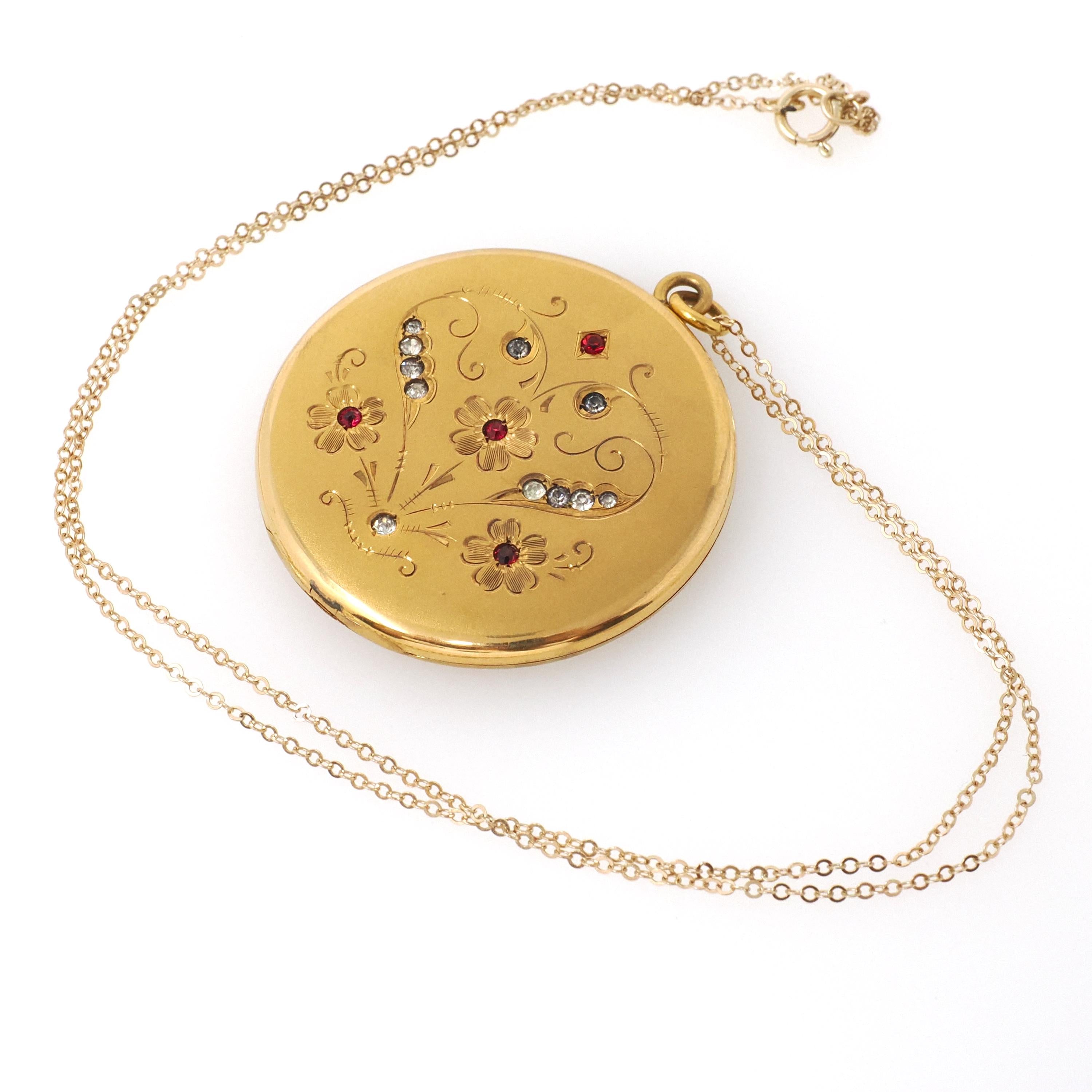 Antique Flower Locket - Edwardian Era Gold Filled Rhinestone Pendant Necklace - Circa 1910s Round Photograph Statement Floral Fine Jewelry