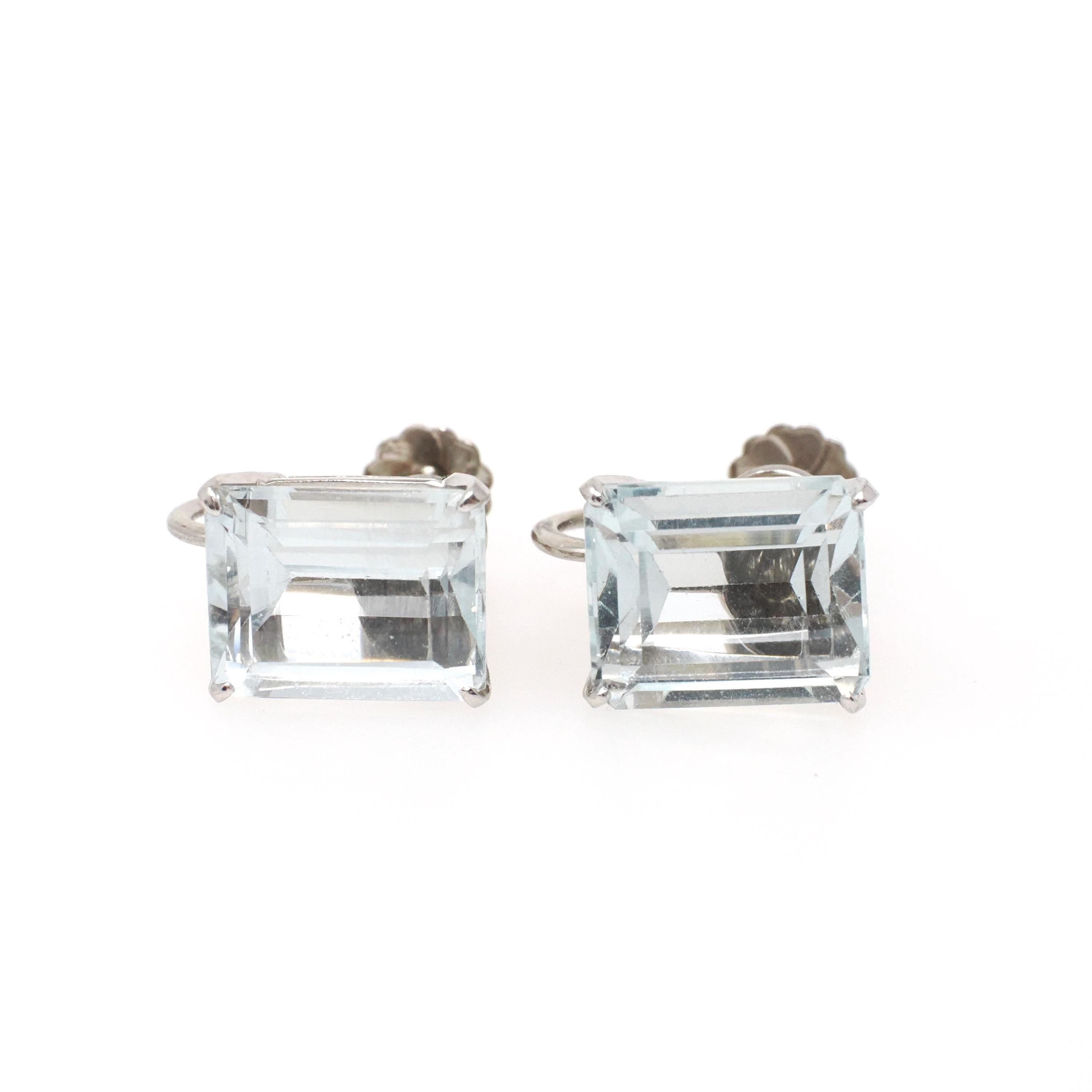 Vintage Aquamarine Earrings - Mid Century 10k White Gold Emerald Cut Blue Gemstones - Circa 1950s Screw Back Fine March Birthstone Jewelry