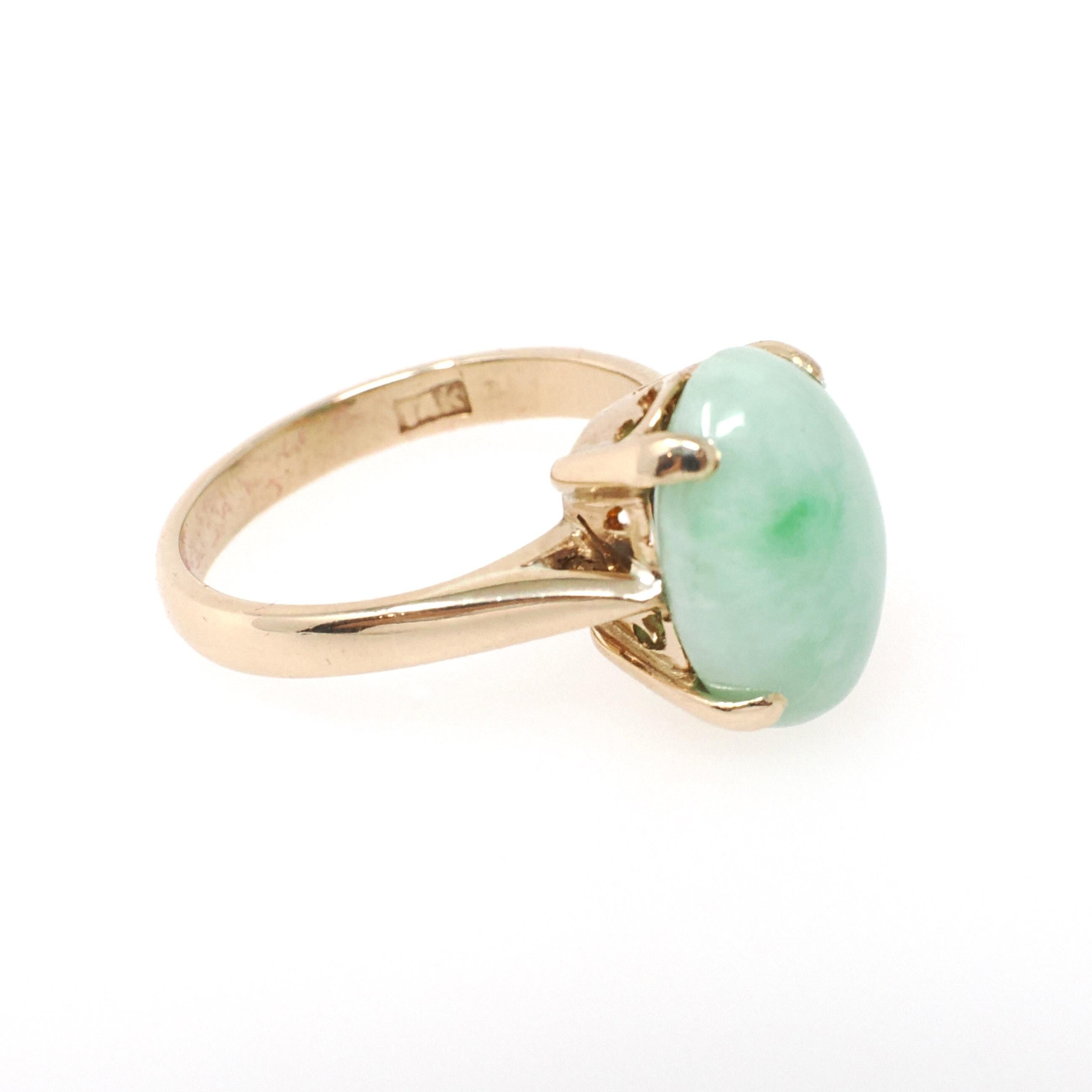 Vintage Jadeite Ring - Retro 14k Yellow Gold Light Green Oval Cabochon Gemstone - Circa 1970s Era Size 5.25 Fine Solitaire Statement Jewelry