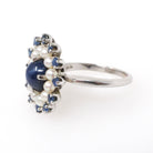 Created Star Sapphire Ring - Mid Century 14k White Gold 2.54 CT Pearl & Sapphire Gem Halo - Circa 1960s Size 6 Fine Flower Cocktail Jewelry