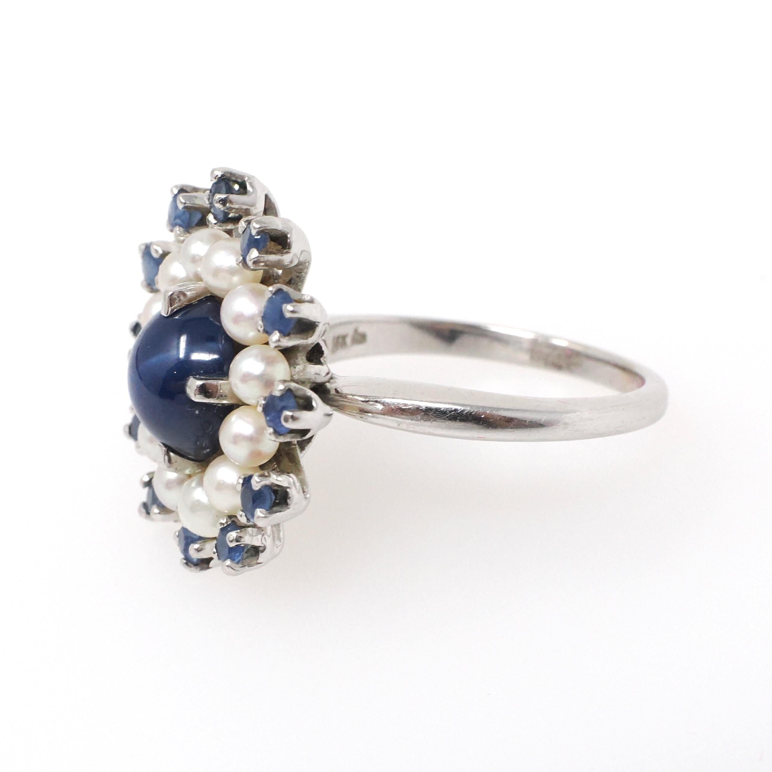 Created Star Sapphire Ring - Mid Century 14k White Gold 2.54 CT Pearl & Sapphire Gem Halo - Circa 1960s Size 6 Fine Flower Cocktail Jewelry