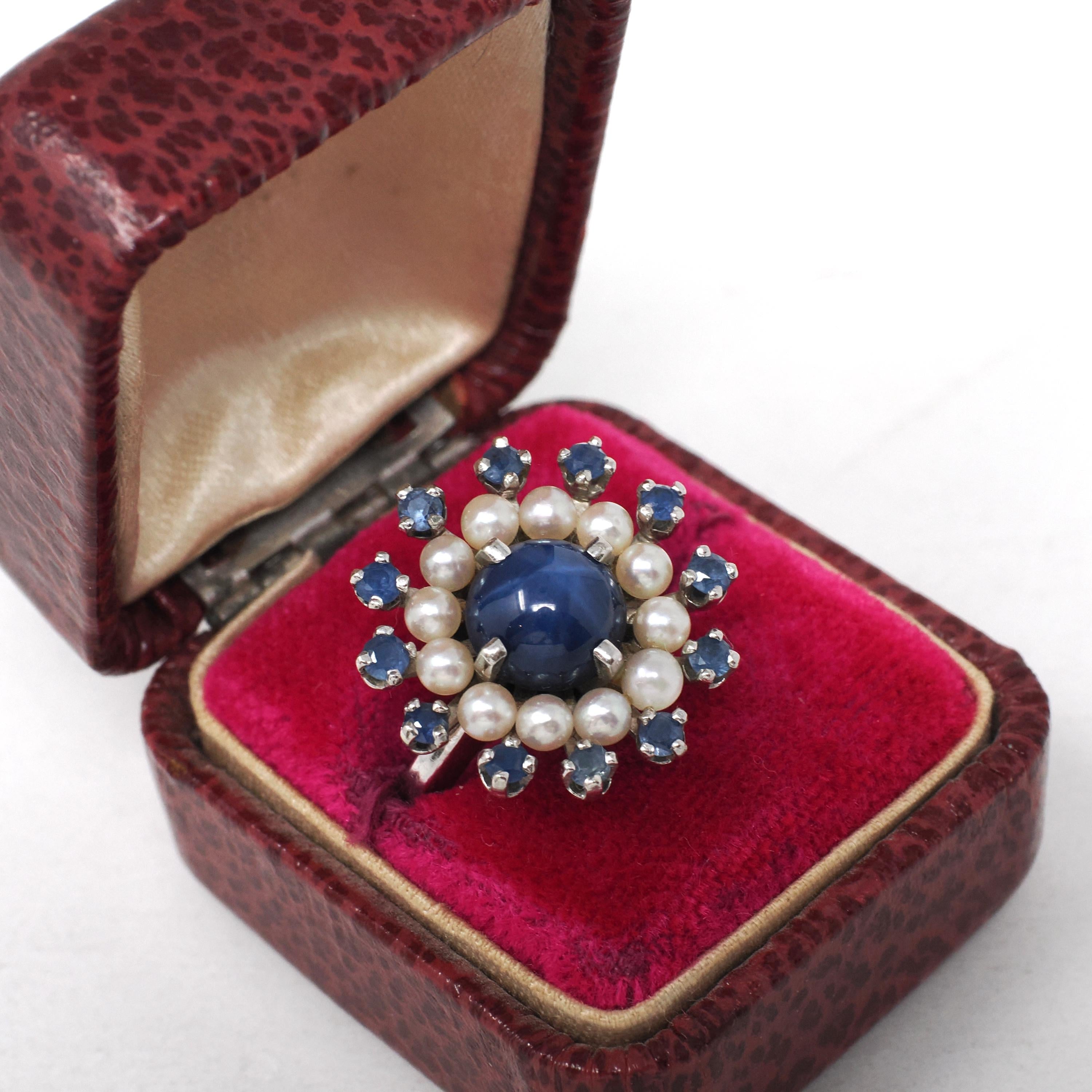 Created Star Sapphire Ring - Mid Century 14k White Gold 2.54 CT Pearl & Sapphire Gem Halo - Circa 1960s Size 6 Fine Flower Cocktail Jewelry