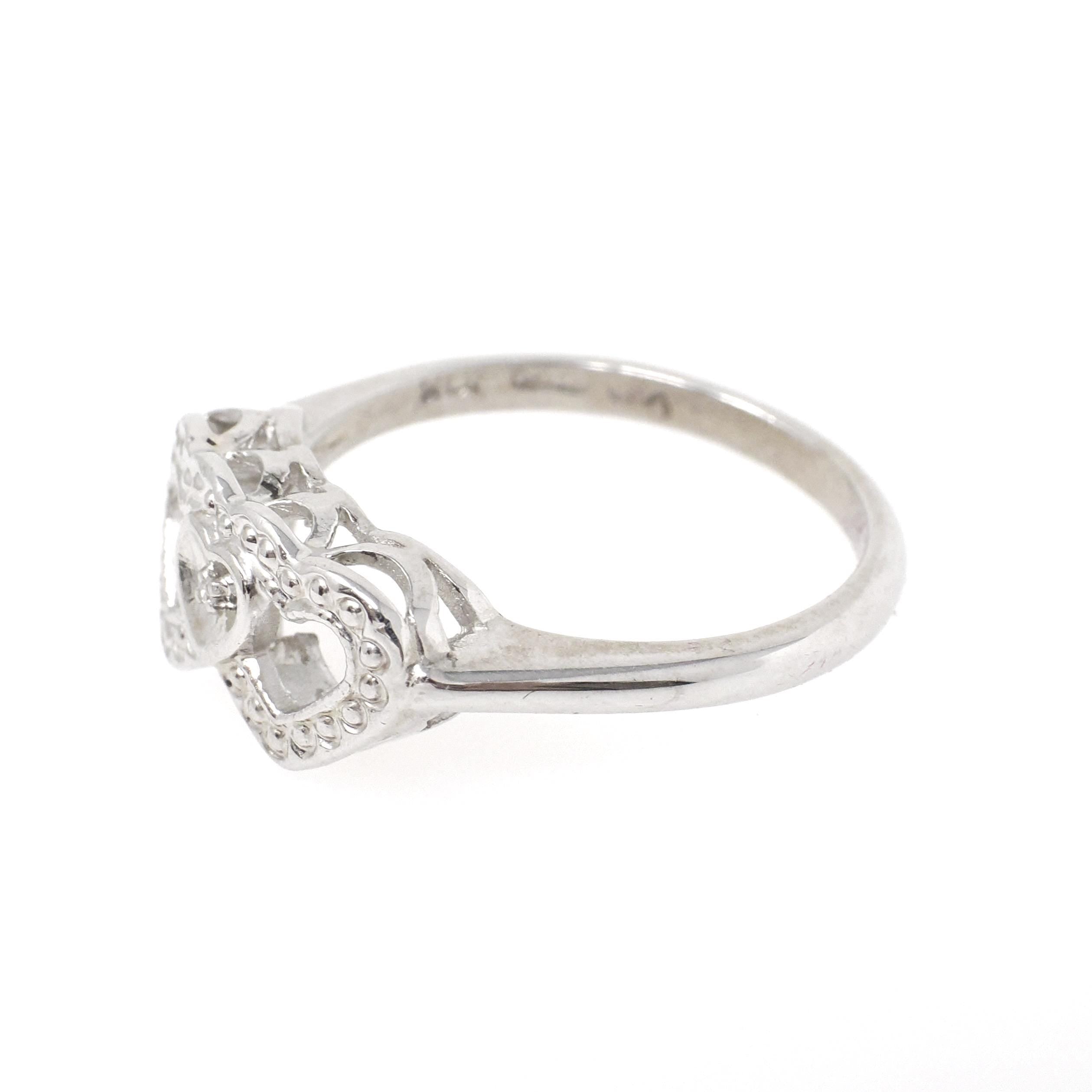 Triple Heart Ring - Mid Century 10k White Gold Sweetheart Promise Love - Vintage Circa 1950s Era Size 6 1/4 Natural Diamond Fine Jewelry