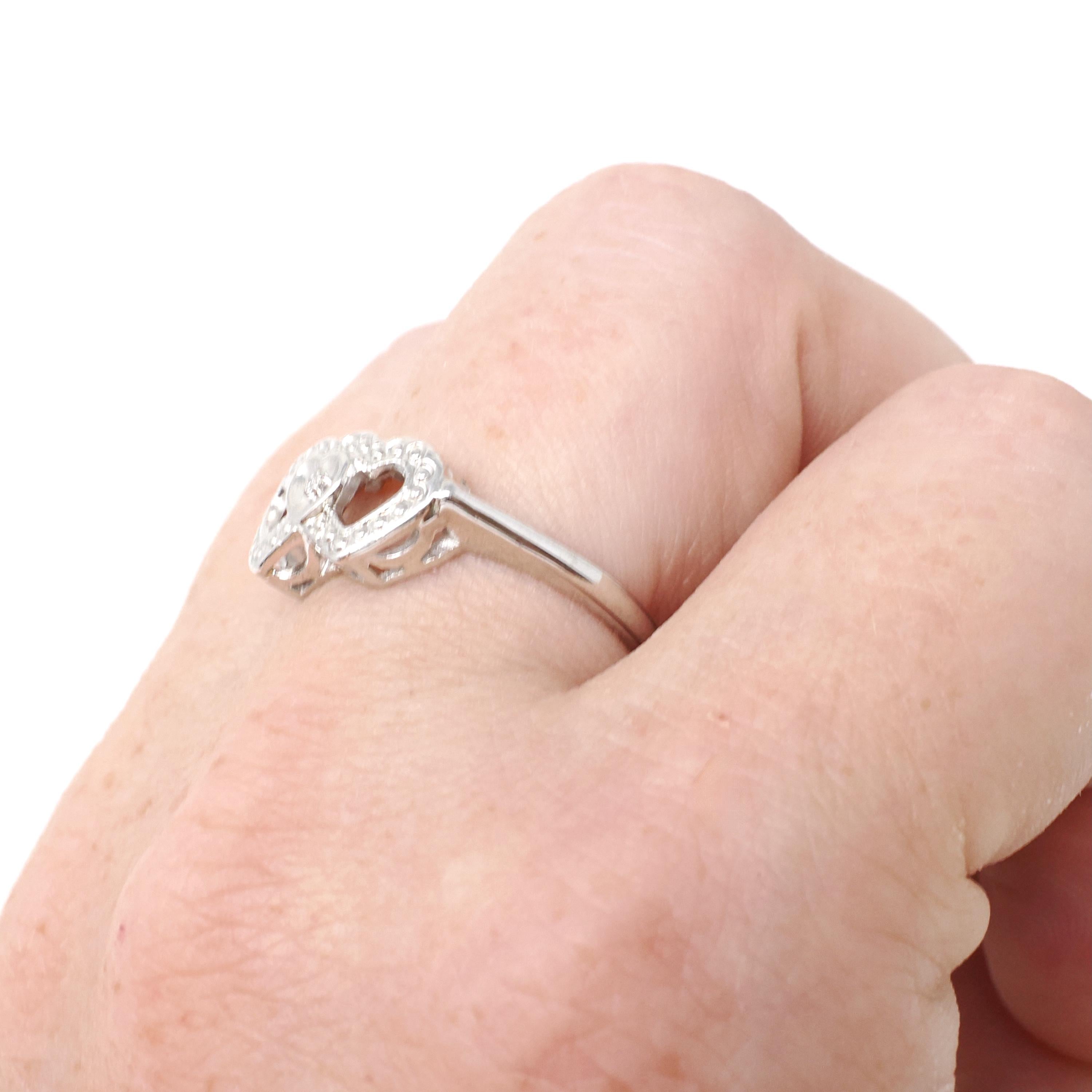 Triple Heart Ring - Mid Century 10k White Gold Sweetheart Promise Love - Vintage Circa 1950s Era Size 6 1/4 Natural Diamond Fine Jewelry