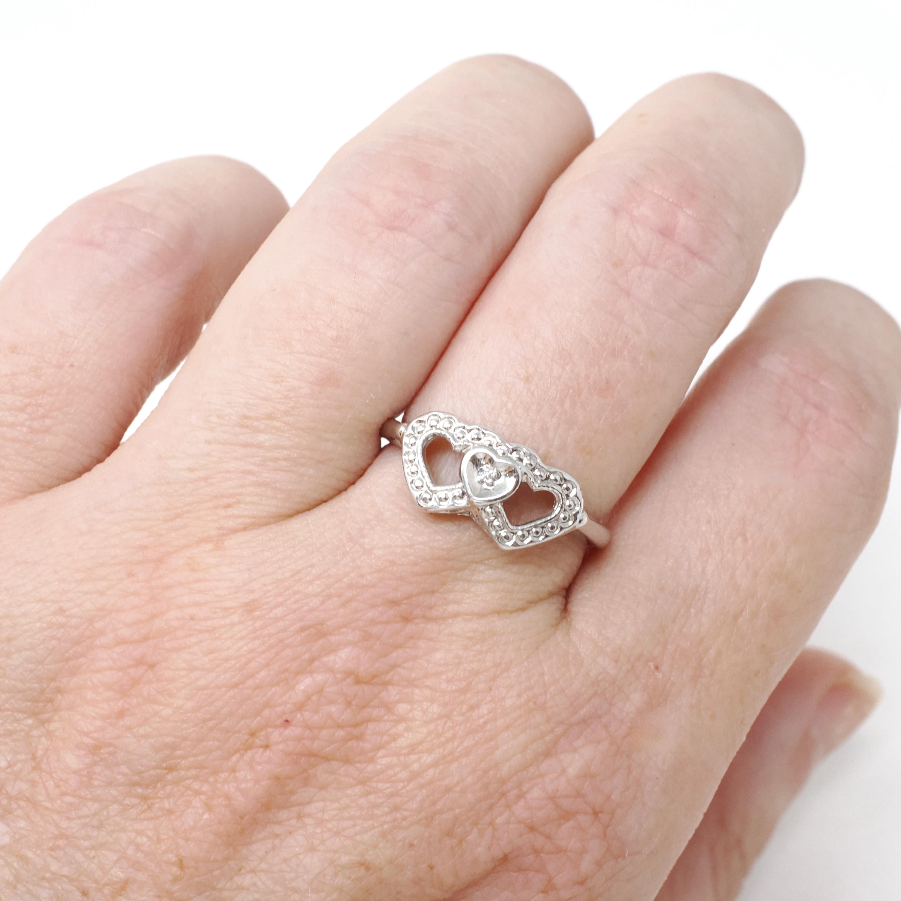 Triple Heart Ring - Mid Century 10k White Gold Sweetheart Promise Love - Vintage Circa 1950s Era Size 6 1/4 Natural Diamond Fine Jewelry