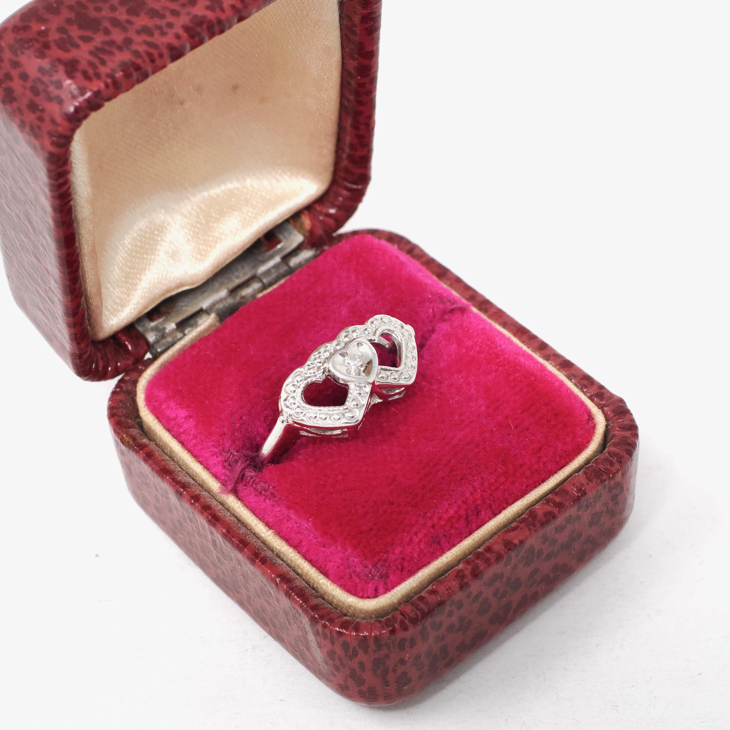 Triple Heart Ring - Mid Century 10k White Gold Sweetheart Promise Love - Vintage Circa 1950s Era Size 6 1/4 Natural Diamond Fine Jewelry