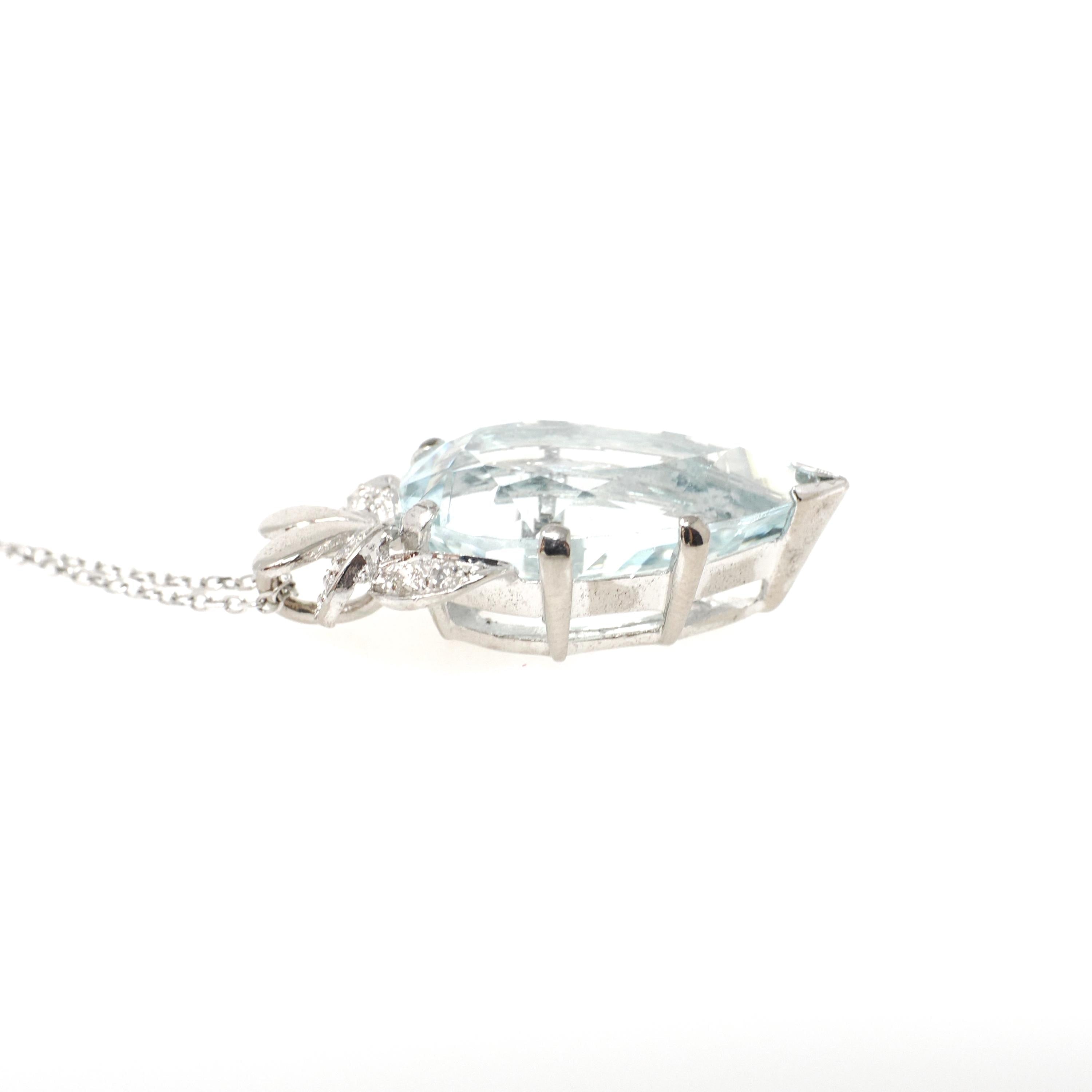 Aquamarine Pendant Necklace - Vintage 18k White Gold Natural Light Blue Gem & .10 CTW Diamond Accent Teardrop - Hallmarked 1958 Fine Jewelry