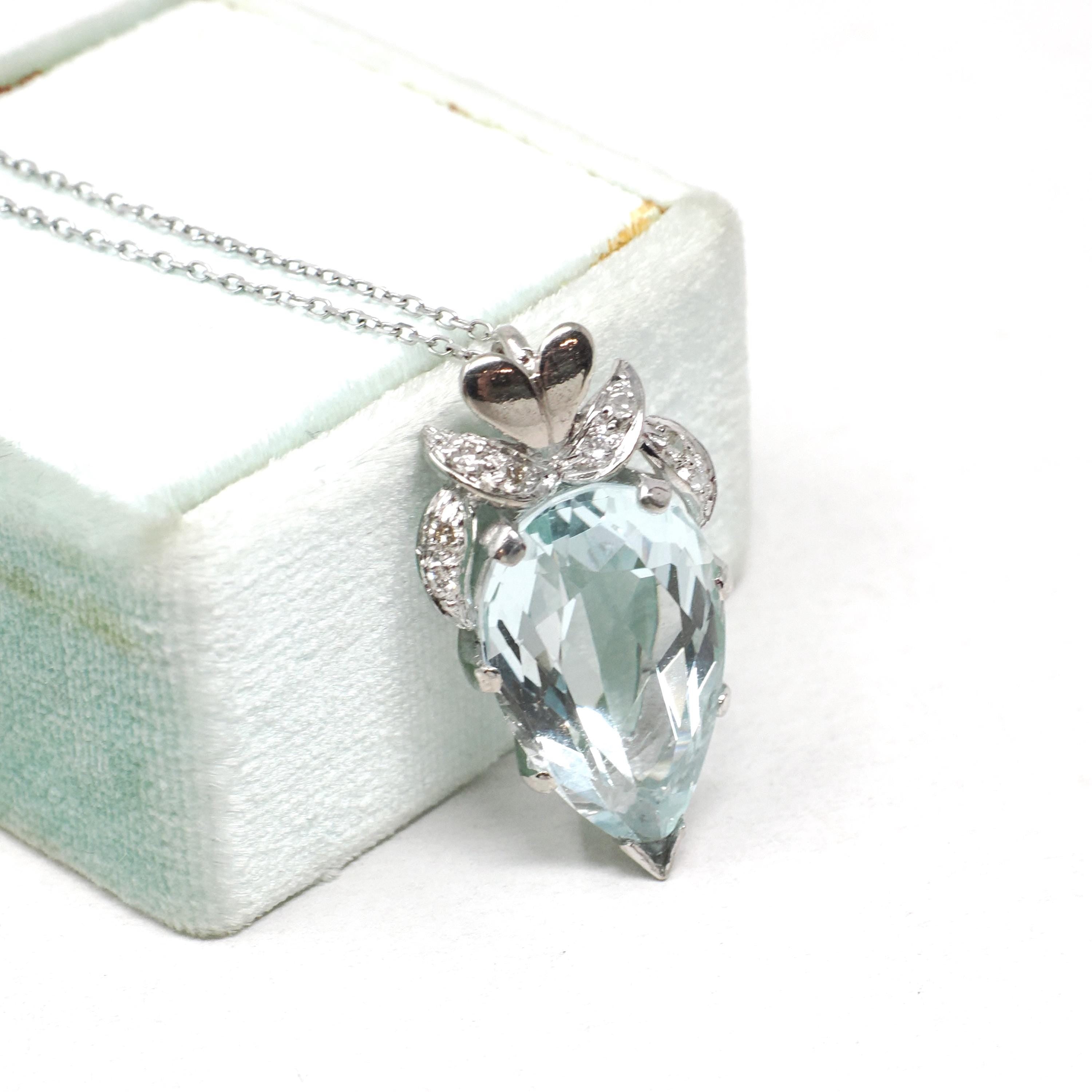 Aquamarine Pendant Necklace - Vintage 18k White Gold Natural Light Blue Gem & .10 CTW Diamond Accent Teardrop - Hallmarked 1958 Fine Jewelry
