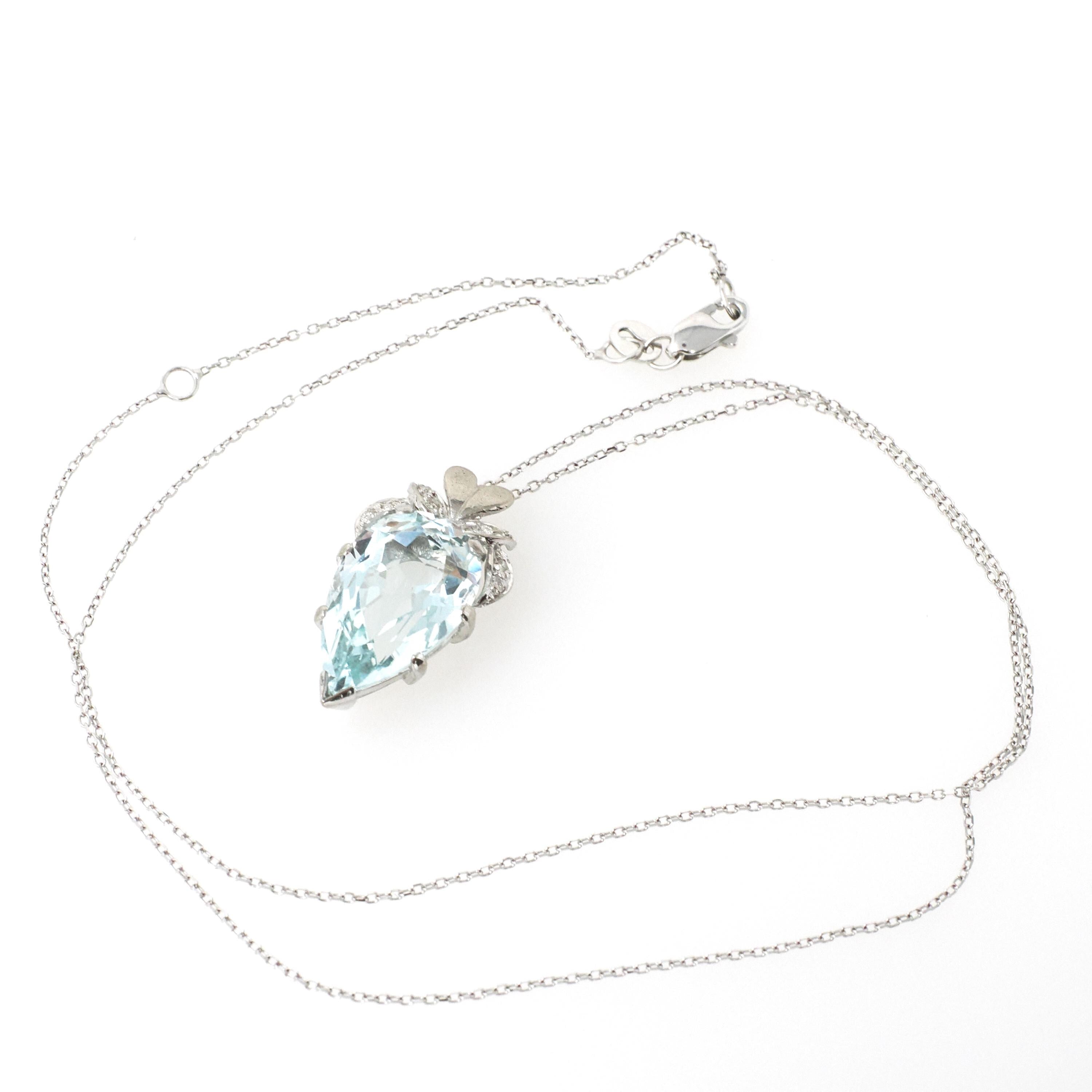 Aquamarine Pendant Necklace - Vintage 18k White Gold Natural Light Blue Gem & .10 CTW Diamond Accent Teardrop - Hallmarked 1958 Fine Jewelry