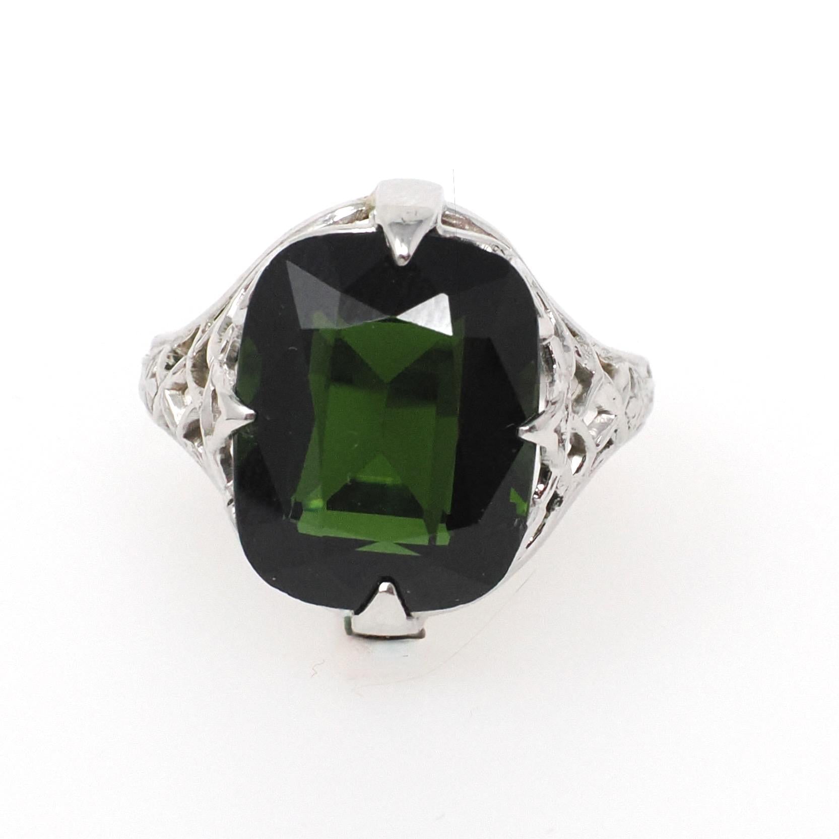 Art Deco Tourmaline Ring - Antique 20k White Gold Dark Green Cushion Gemstone Alternative Engagement - Circa 1920s Size 6 1/2 Fine Jewelry