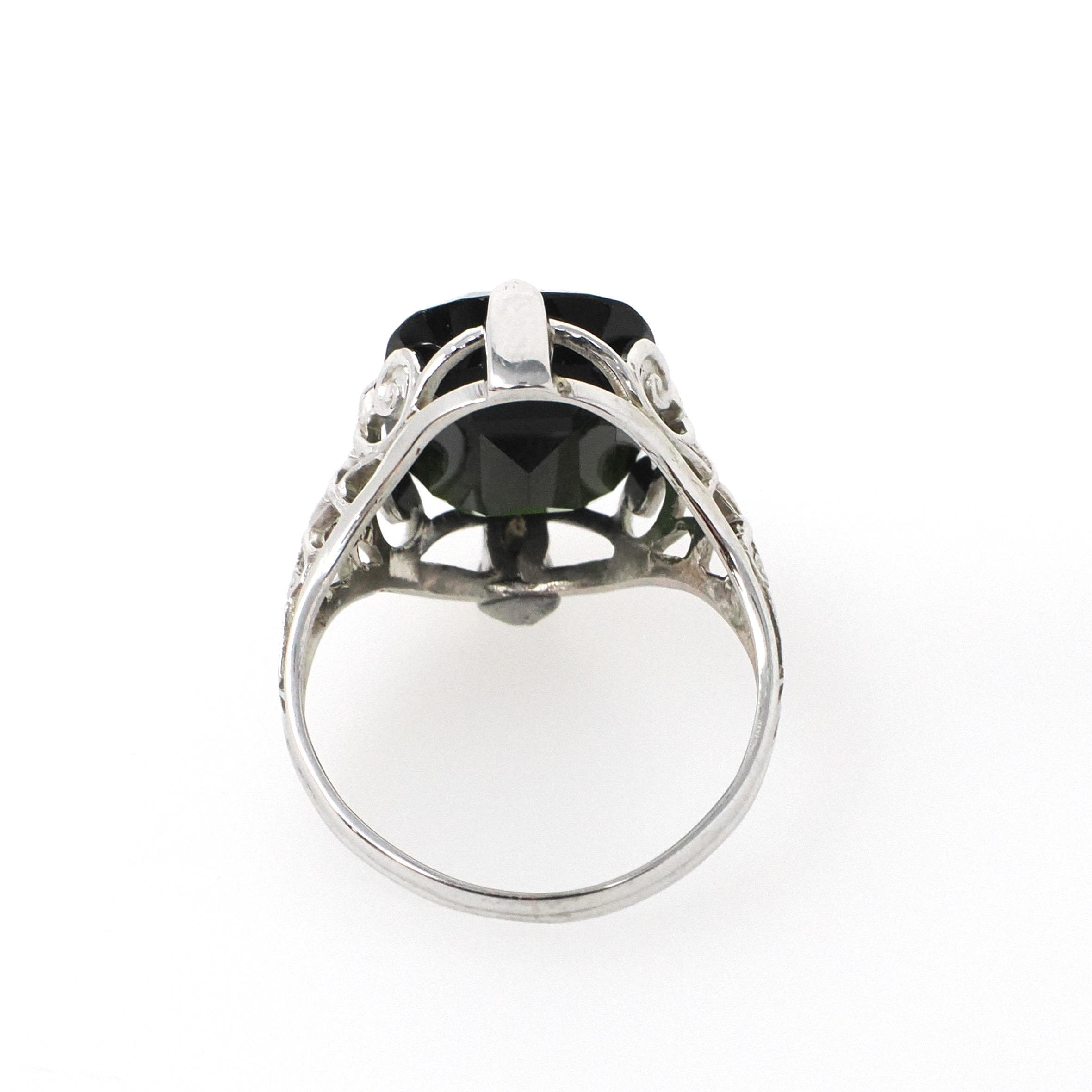 Art Deco Tourmaline Ring - Antique 20k White Gold Dark Green Cushion Gemstone Alternative Engagement - Circa 1920s Size 6 1/2 Fine Jewelry