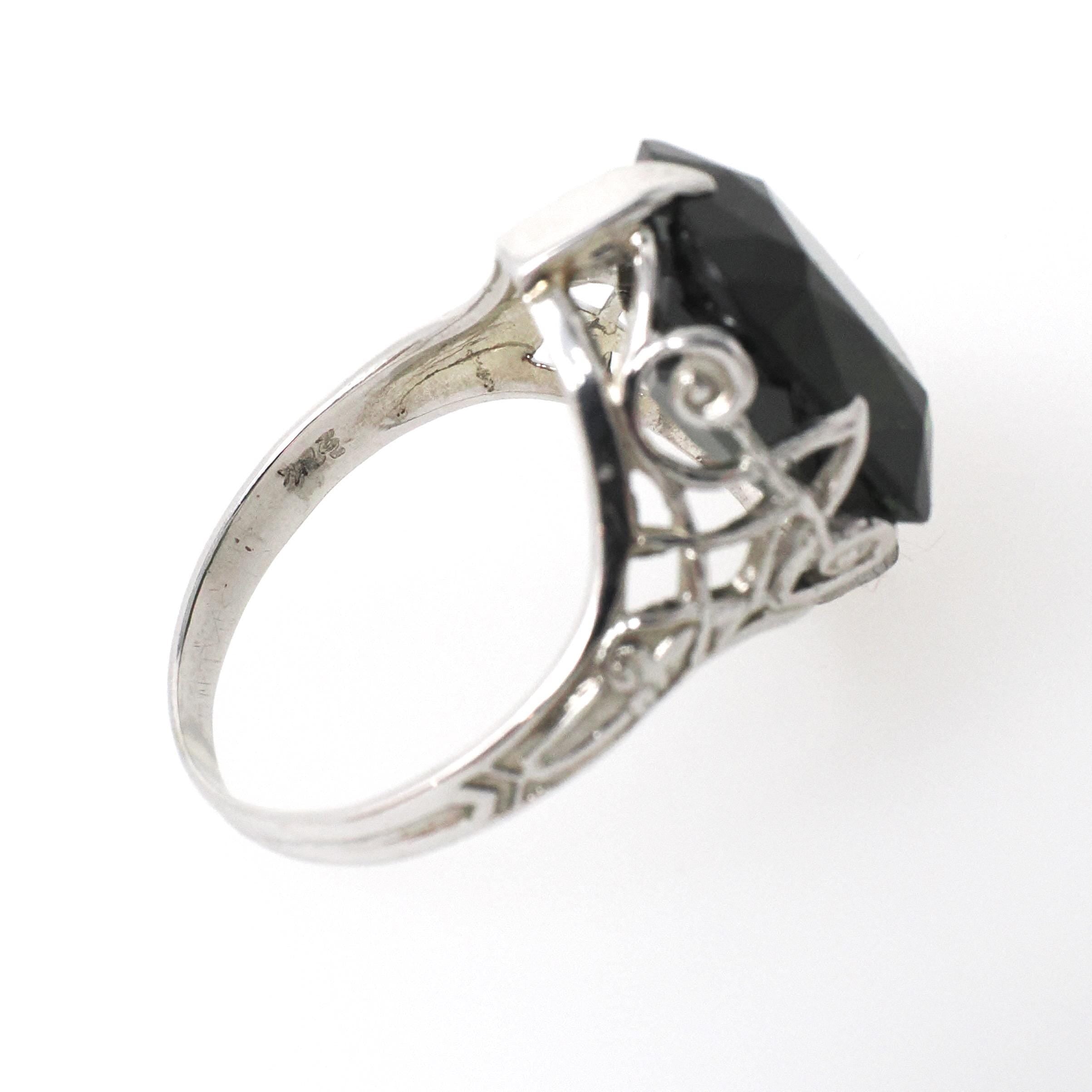 Art Deco Tourmaline Ring - Antique 20k White Gold Dark Green Cushion Gemstone Alternative Engagement - Circa 1920s Size 6 1/2 Fine Jewelry