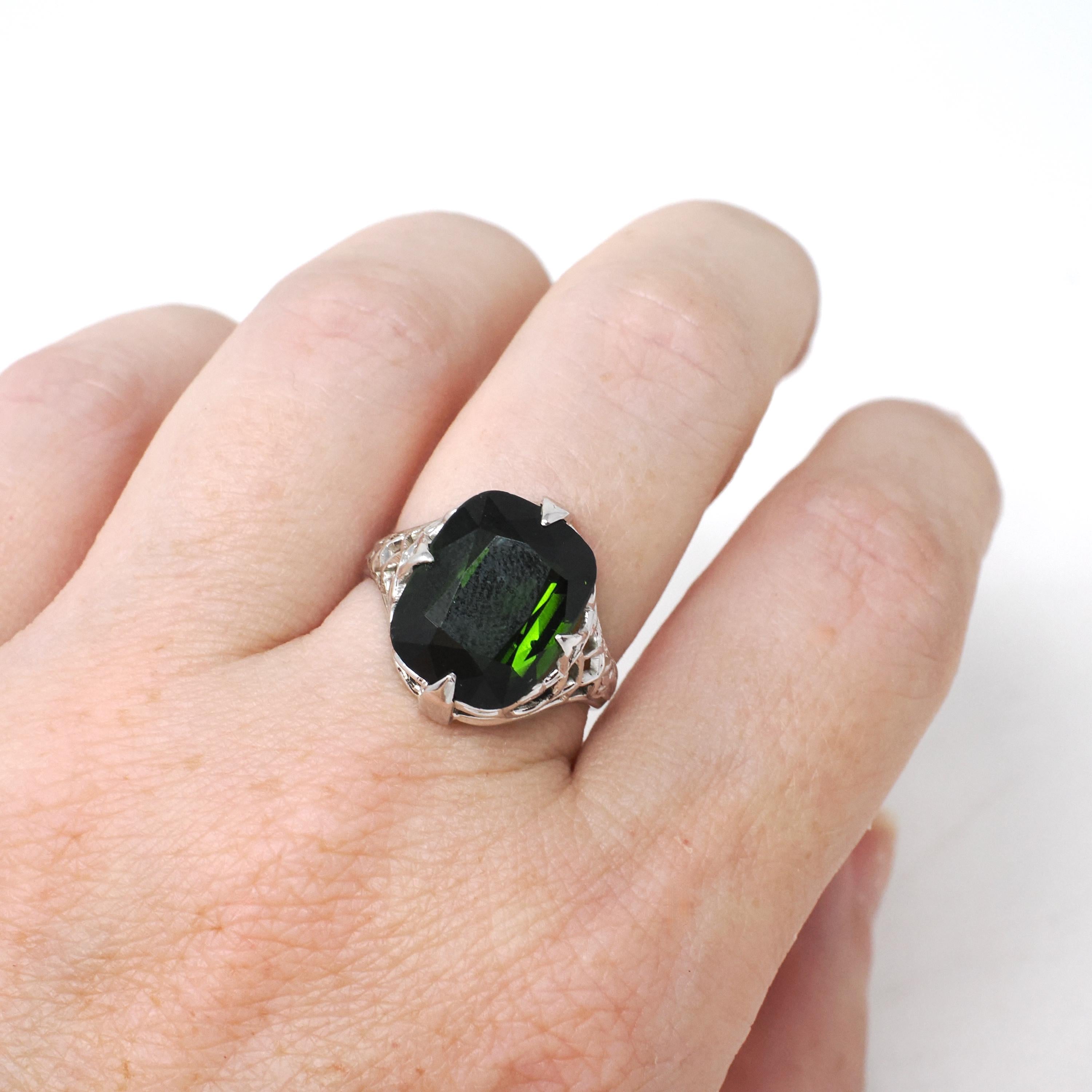 Art Deco Tourmaline Ring - Antique 20k White Gold Dark Green Cushion Gemstone Alternative Engagement - Circa 1920s Size 6 1/2 Fine Jewelry