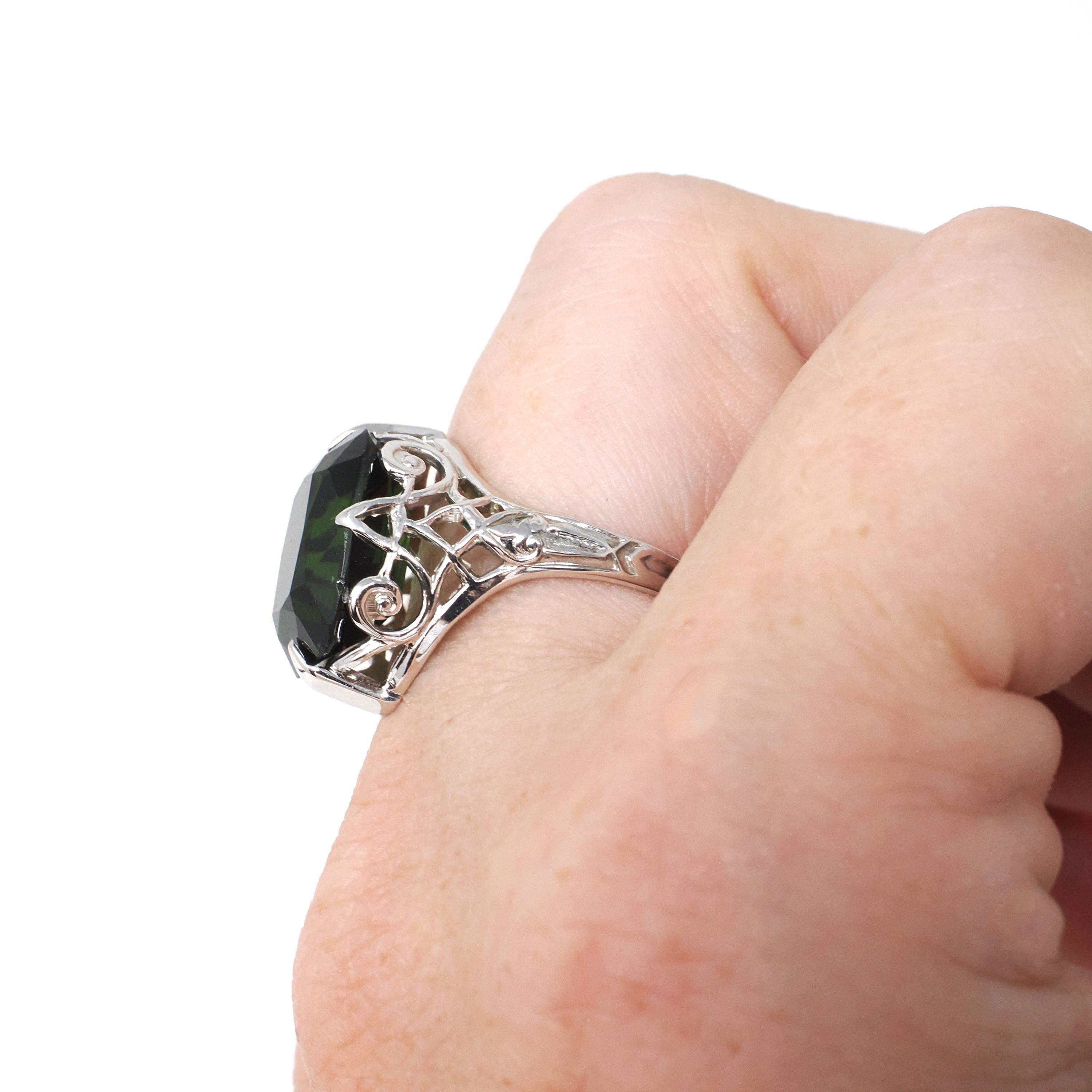 Art Deco Tourmaline Ring - Antique 20k White Gold Dark Green Cushion Gemstone Alternative Engagement - Circa 1920s Size 6 1/2 Fine Jewelry