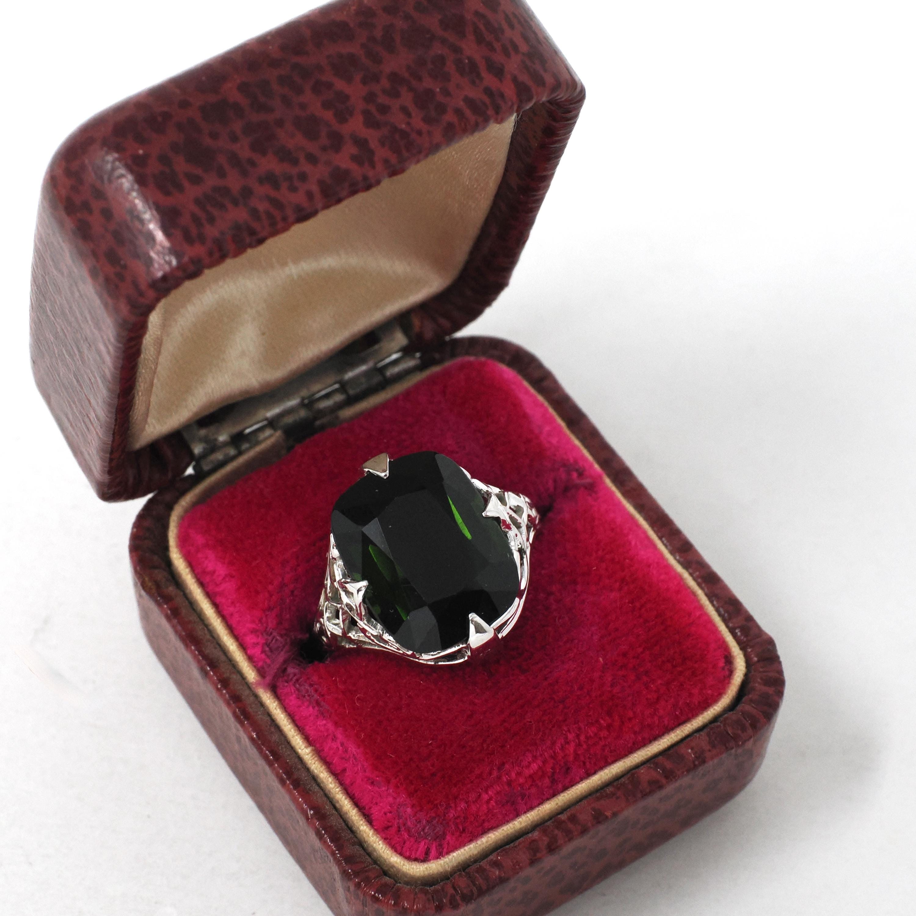 Art Deco Tourmaline Ring - Antique 20k White Gold Dark Green Cushion Gemstone Alternative Engagement - Circa 1920s Size 6 1/2 Fine Jewelry