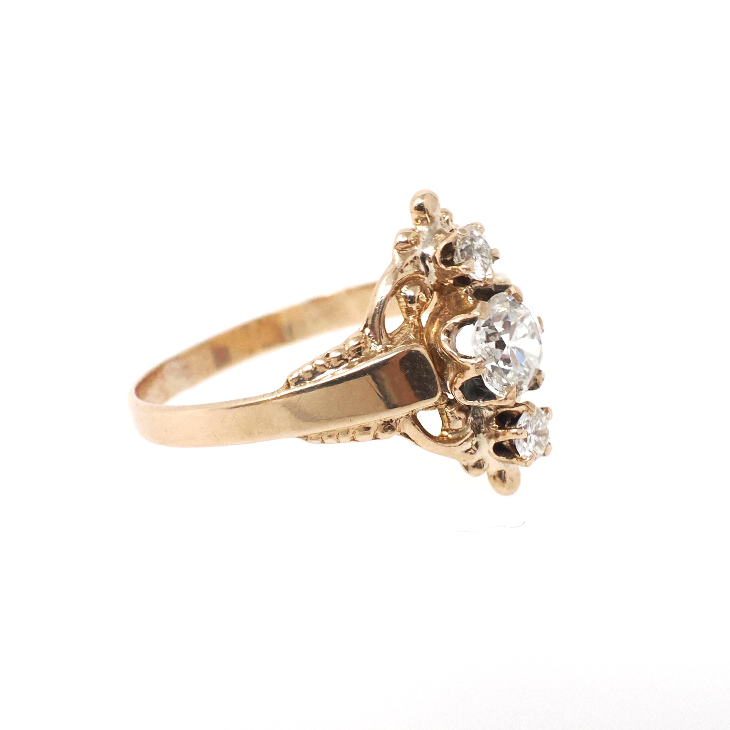 Victorian Diamond Ring - Antique 10k Rosy Gold .51 CTW Three Stone Navette - Circa 1890s Size 5 1/2 Dainty Filigree Fine Engagement Jewelry