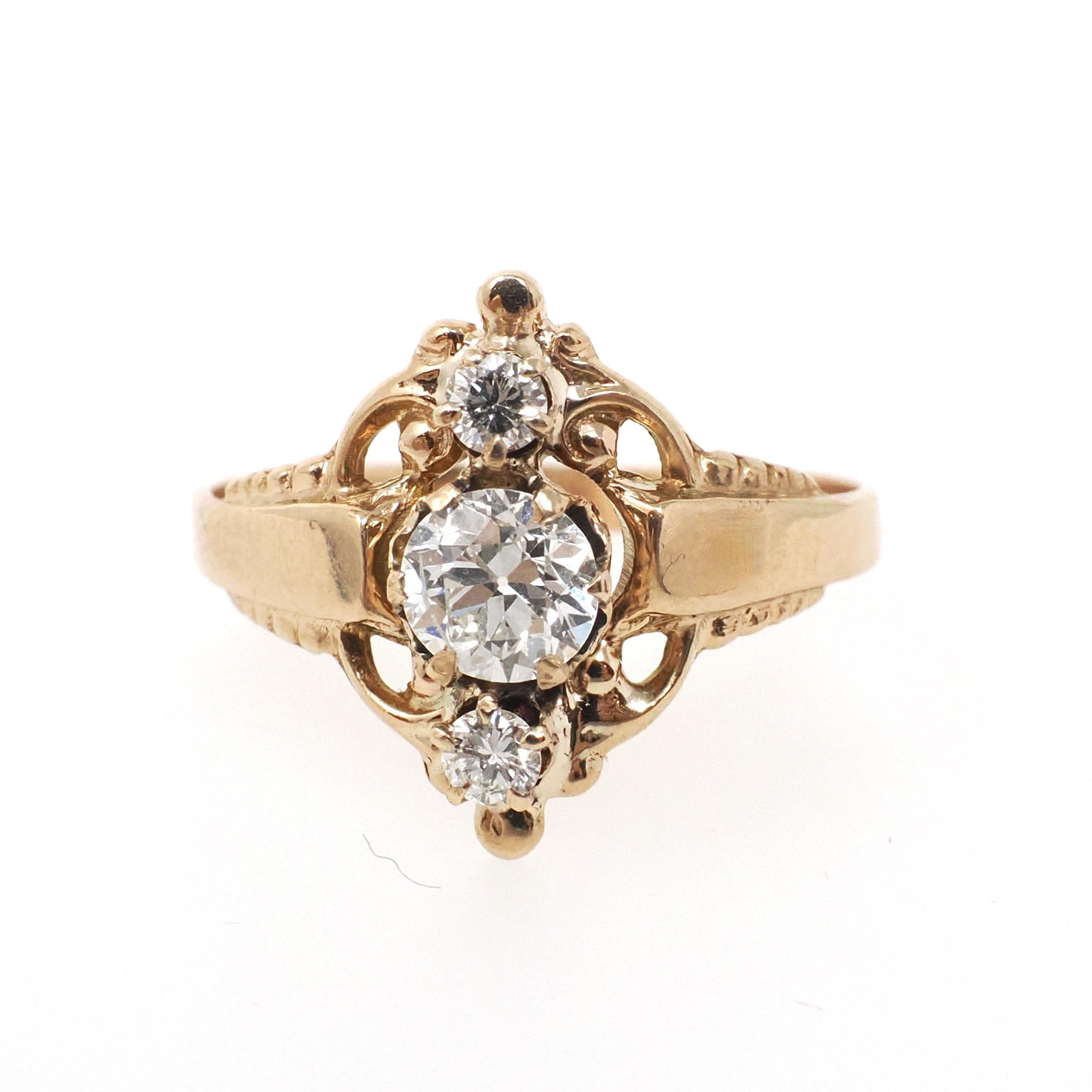 Victorian Diamond Ring - Antique 10k Rosy Gold .51 CTW Three Stone Navette - Circa 1890s Size 5 1/2 Dainty Filigree Fine Engagement Jewelry