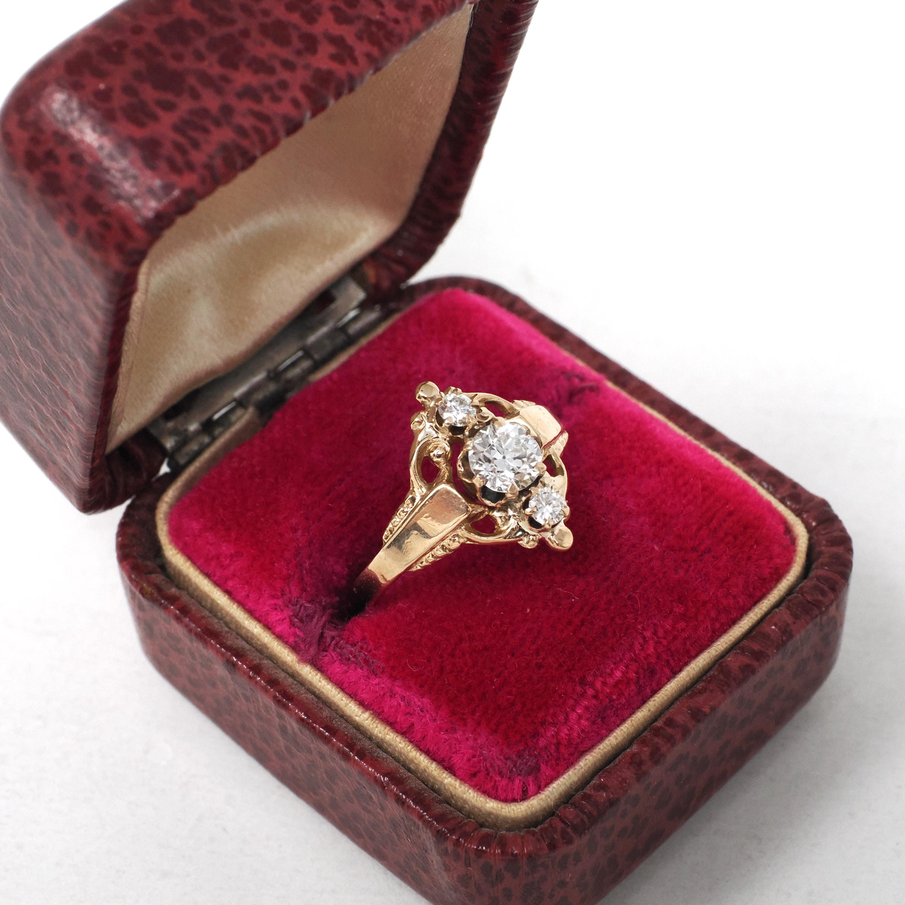 Victorian Diamond Ring - Antique 10k Rosy Gold .51 CTW Three Stone Navette - Circa 1890s Size 5 1/2 Dainty Filigree Fine Engagement Jewelry