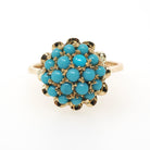 Vintage Cluster Ring - Retro Era 18k Yellow Gold Simulated Turquoise Blue Glass Cabochon Pave Flower - Circa 1960s Size 5 1/4 Fine Jewelry