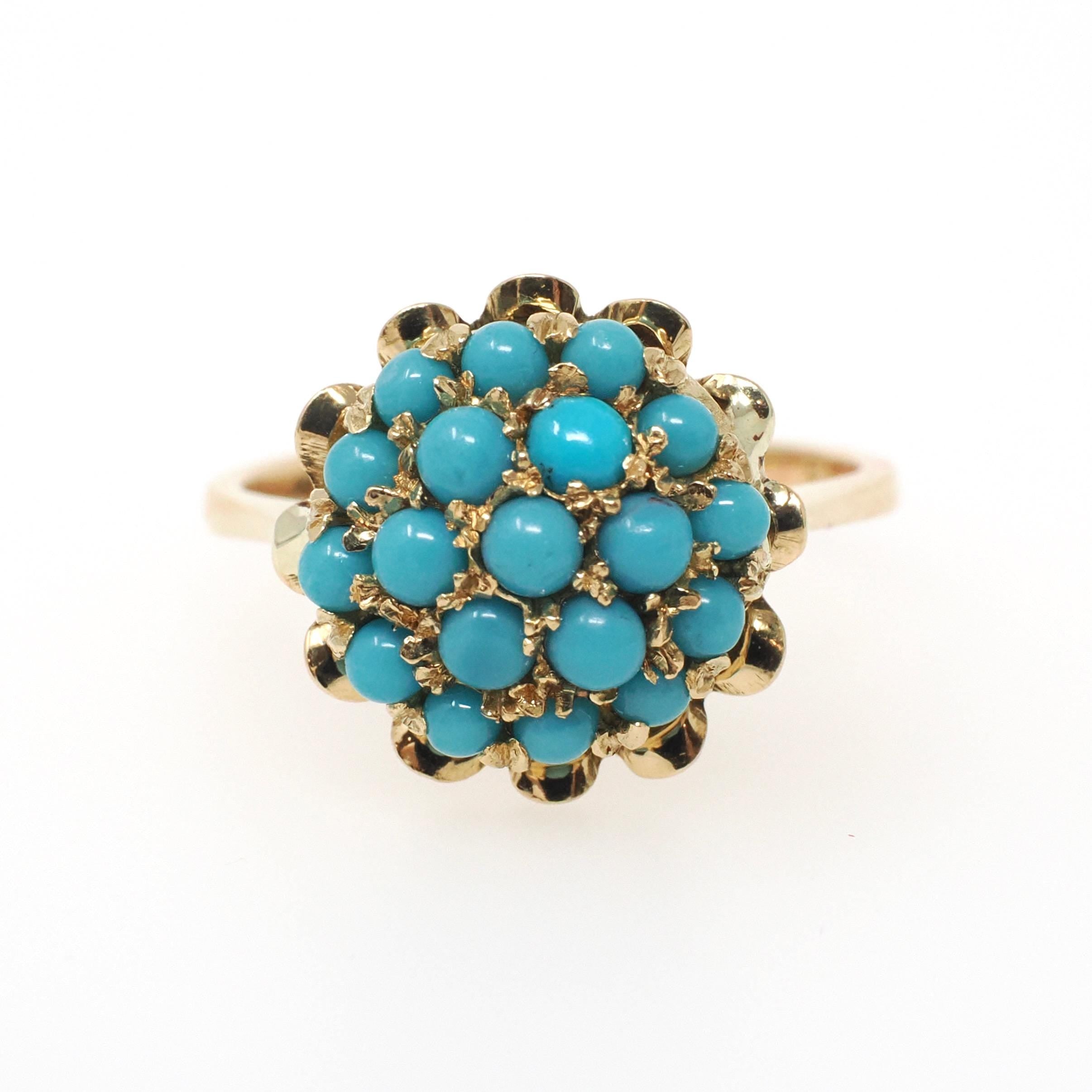 Vintage Cluster Ring - Retro Era 18k Yellow Gold Simulated Turquoise Blue Glass Cabochon Pave Flower - Circa 1960s Size 5 1/4 Fine Jewelry