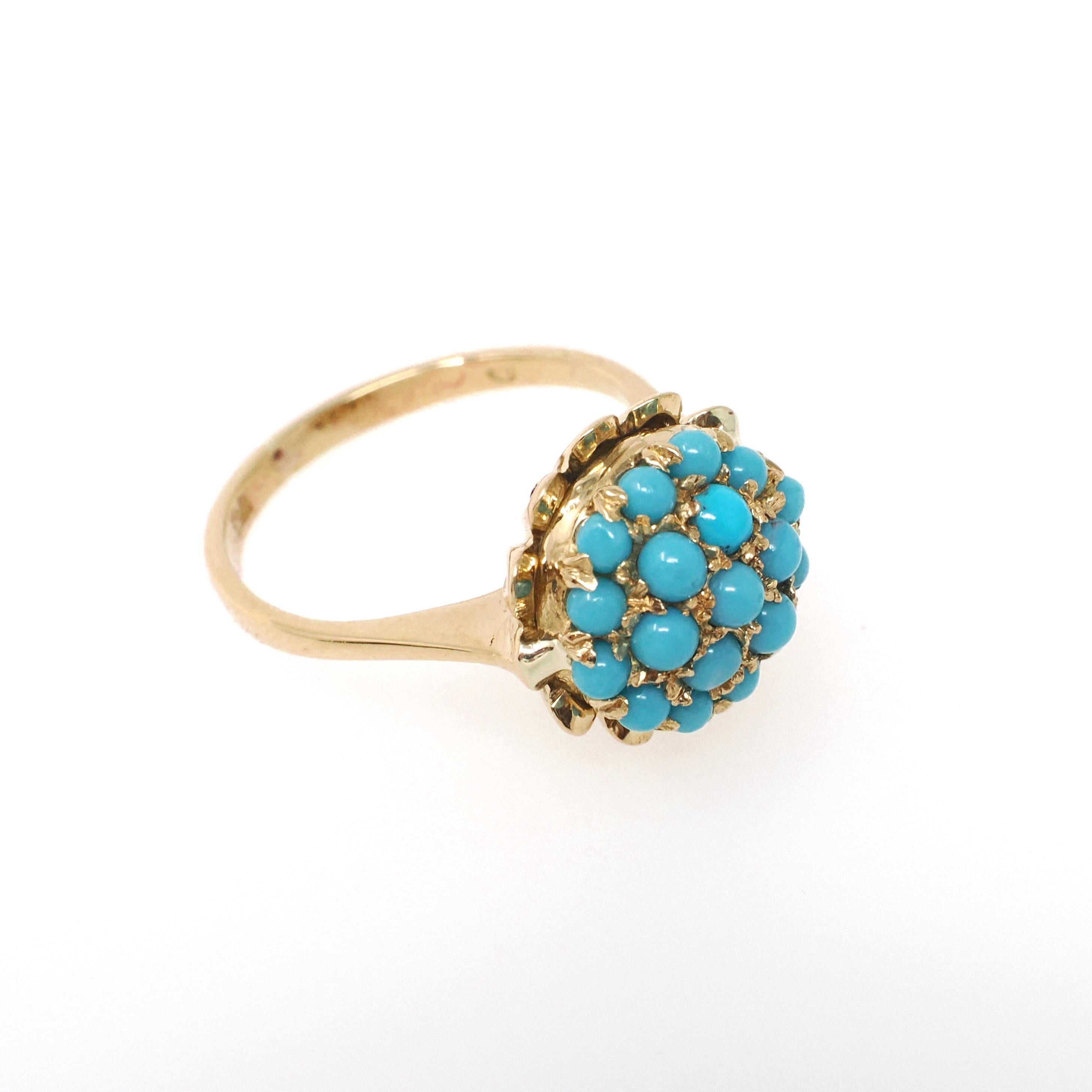 Vintage Cluster Ring - Retro Era 18k Yellow Gold Simulated Turquoise Blue Glass Cabochon Pave Flower - Circa 1960s Size 5 1/4 Fine Jewelry
