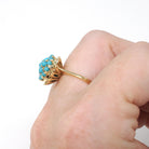 Vintage Cluster Ring - Retro Era 18k Yellow Gold Simulated Turquoise Blue Glass Cabochon Pave Flower - Circa 1960s Size 5 1/4 Fine Jewelry