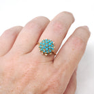 Vintage Cluster Ring - Retro Era 18k Yellow Gold Simulated Turquoise Blue Glass Cabochon Pave Flower - Circa 1960s Size 5 1/4 Fine Jewelry