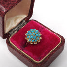 Vintage Cluster Ring - Retro Era 18k Yellow Gold Simulated Turquoise Blue Glass Cabochon Pave Flower - Circa 1960s Size 5 1/4 Fine Jewelry