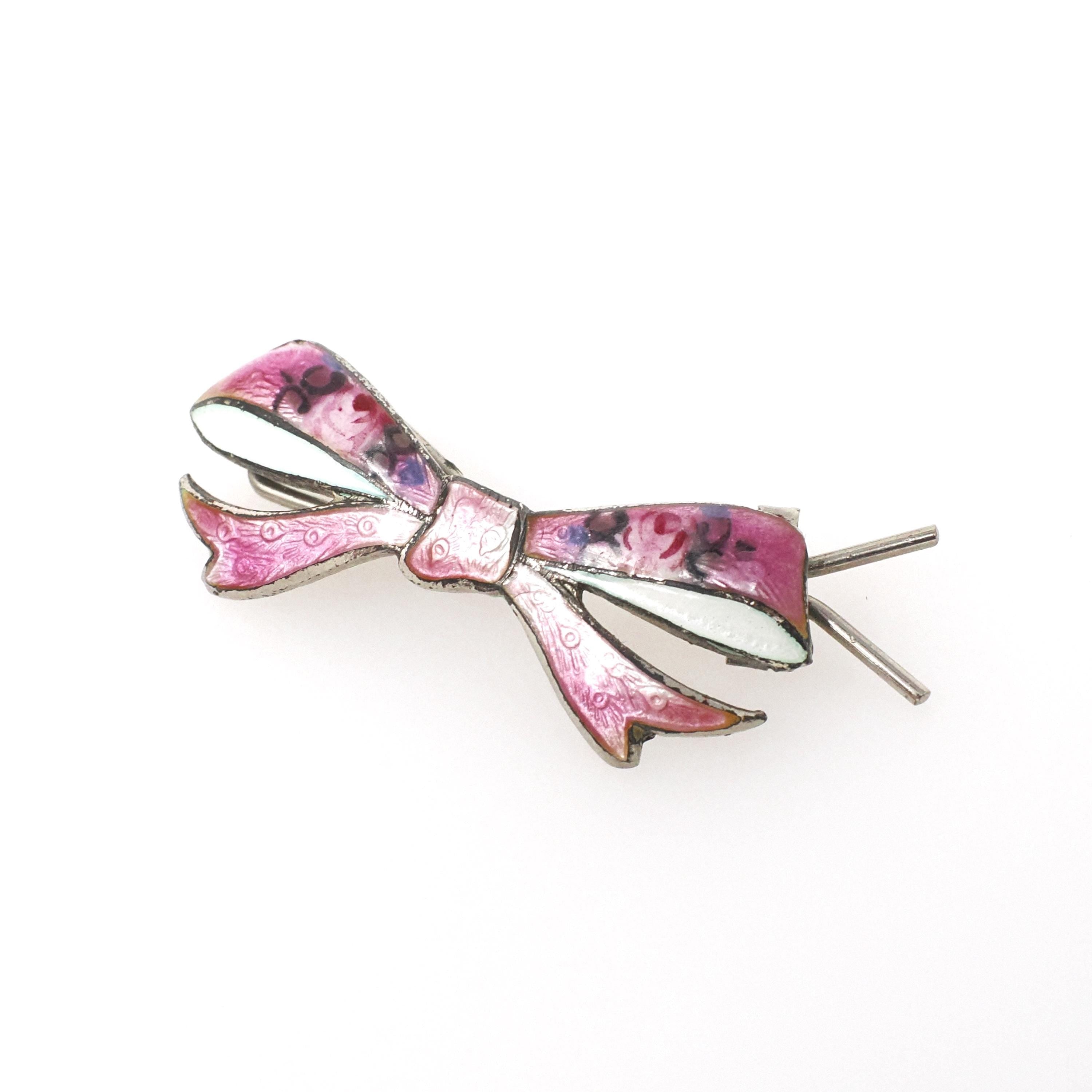 Vintage Bow Hair Clip - Retro Sterling Silver Pink Guilloche Enamel Fashion Accessory - Circa 1940s Era Pin Fastener Flower Barrette Jewelry