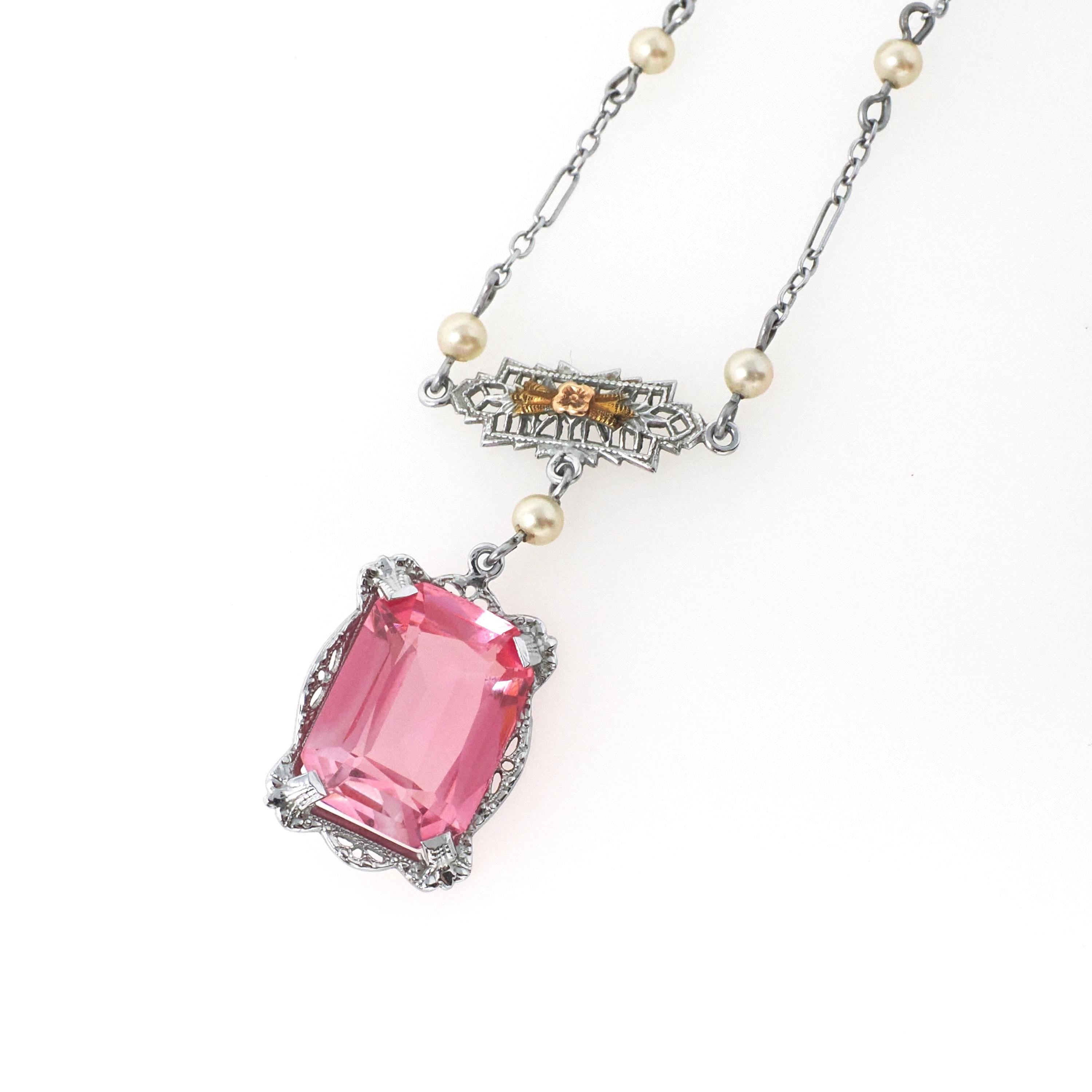 Art Deco Lavalier - Vintage 10k White Gold Two Tone Simulated Pink Sapphire Pendant Necklace - Circa 1930s Era Simulated Pearl Fine Jewelry