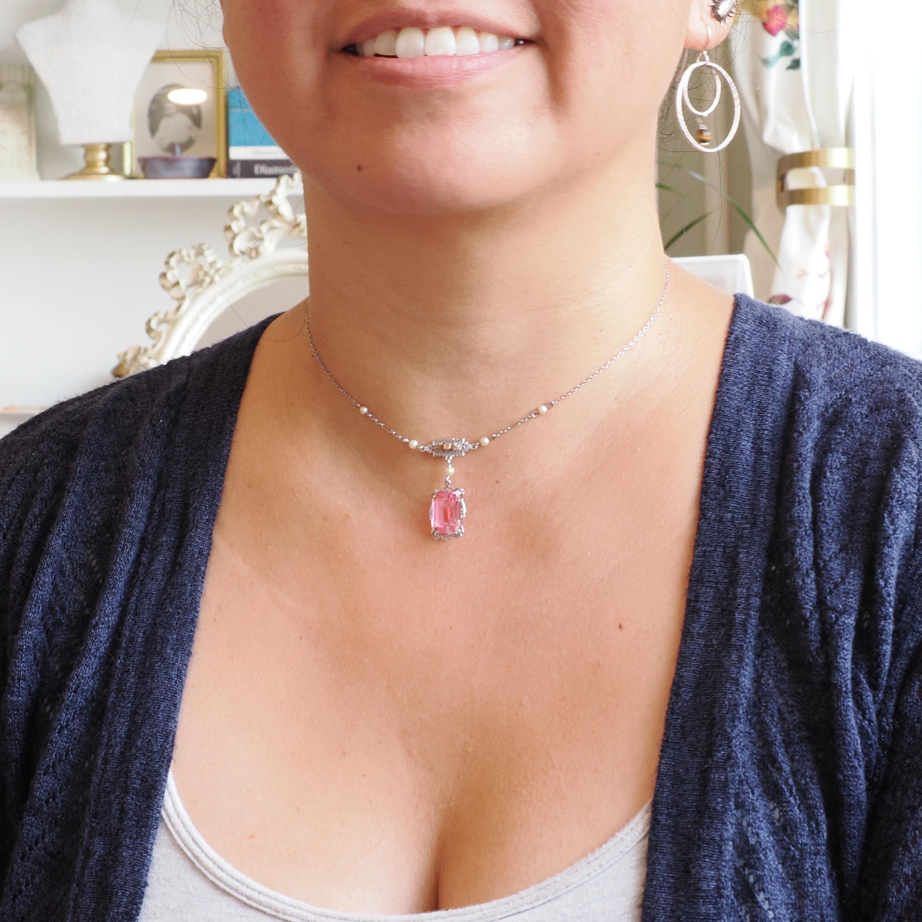 Art Deco Lavalier - Vintage 10k White Gold Two Tone Simulated Pink Sapphire Pendant Necklace - Circa 1930s Era Simulated Pearl Fine Jewelry
