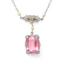 Art Deco Lavalier - Vintage 10k White Gold Two Tone Simulated Pink Sapphire Pendant Necklace - Circa 1930s Era Simulated Pearl Fine Jewelry