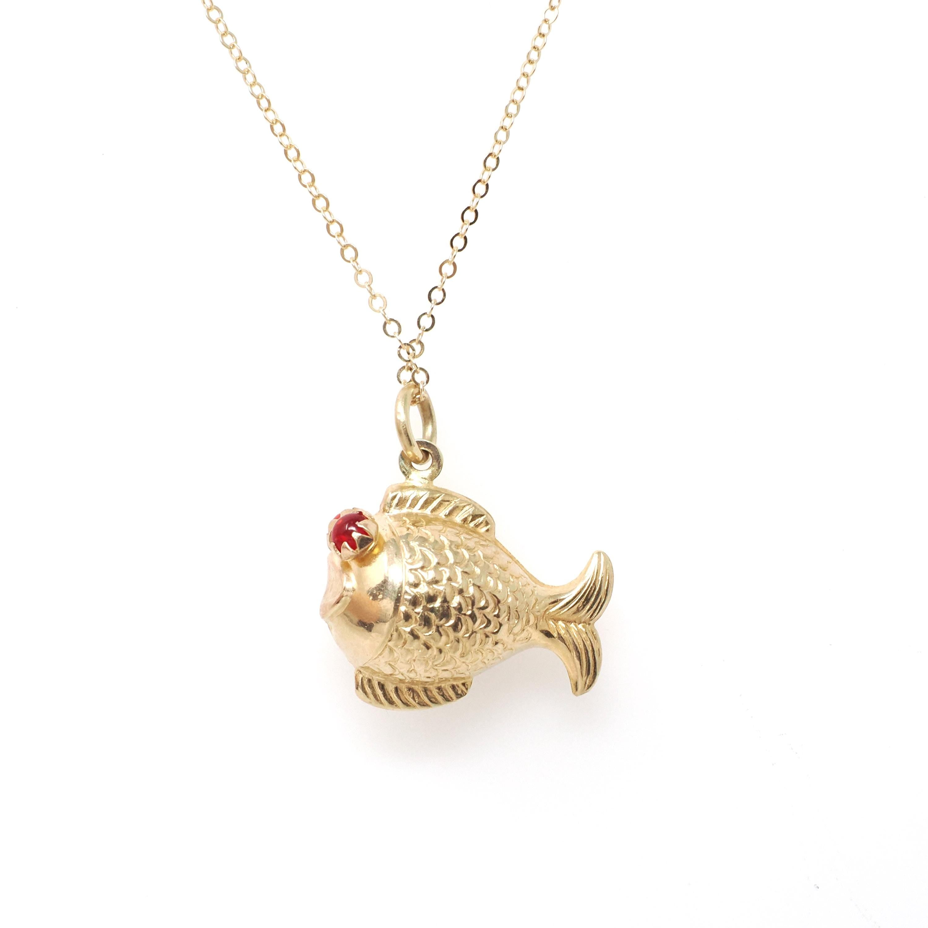 Modern Fish Necklace - Estate 10k Yellow Gold Aquatic Pendant Charm - Circa 2000s Era Simulated Ruby Eyed Sea Life Animal Fine Jewelry
