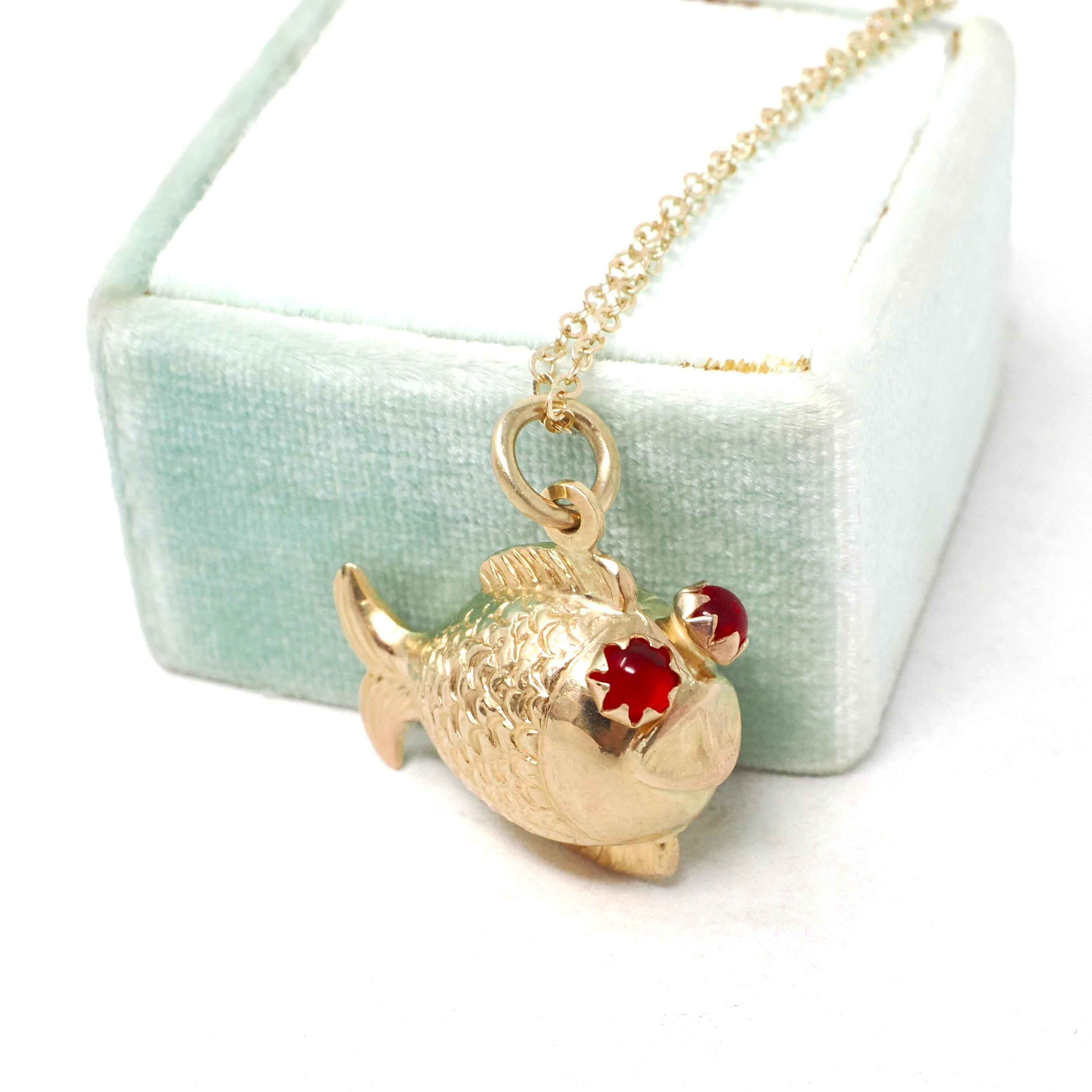 Modern Fish Necklace - Estate 10k Yellow Gold Aquatic Pendant Charm - Circa 2000s Era Simulated Ruby Eyed Sea Life Animal Fine Jewelry