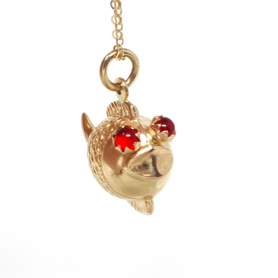 Modern Fish Necklace - Estate 10k Yellow Gold Aquatic Pendant Charm - Circa 2000s Era Simulated Ruby Eyed Sea Life Animal Fine Jewelry