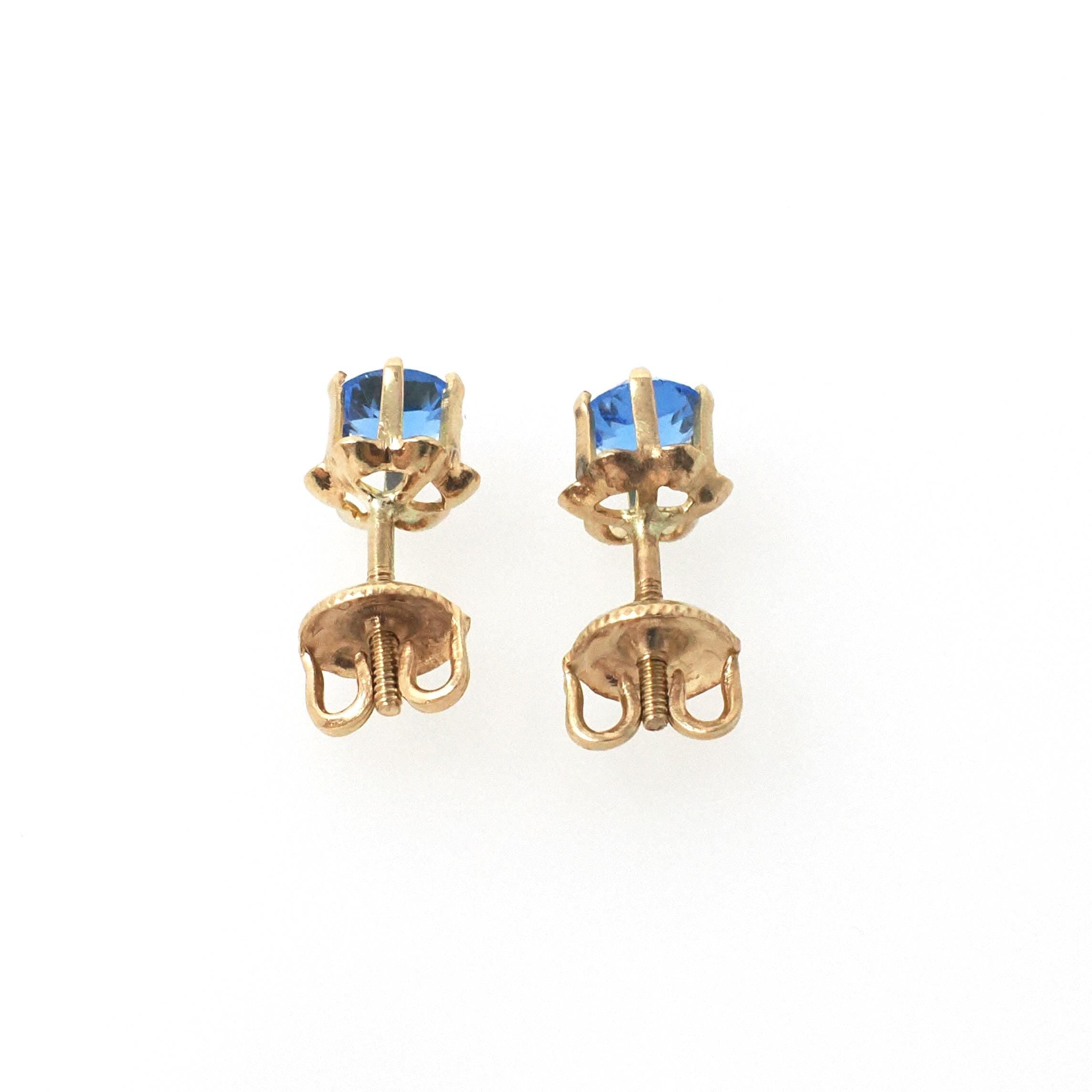 Vintage Buttercup Earrings - Retro 10k Yellow Gold Blue Glass Gemstone Threadback Screw Post Studs - Circa 1940s Era BDA Flower Fine Jewelry