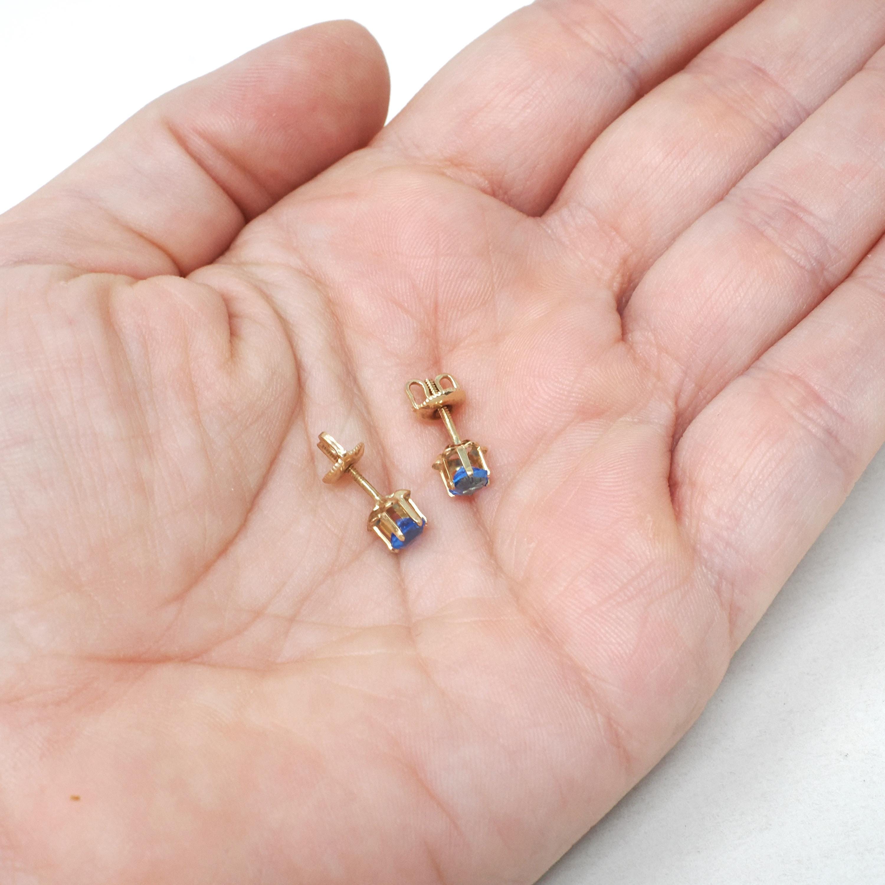Vintage Buttercup Earrings - Retro 10k Yellow Gold Blue Glass Gemstone Threadback Screw Post Studs - Circa 1940s Era BDA Flower Fine Jewelry